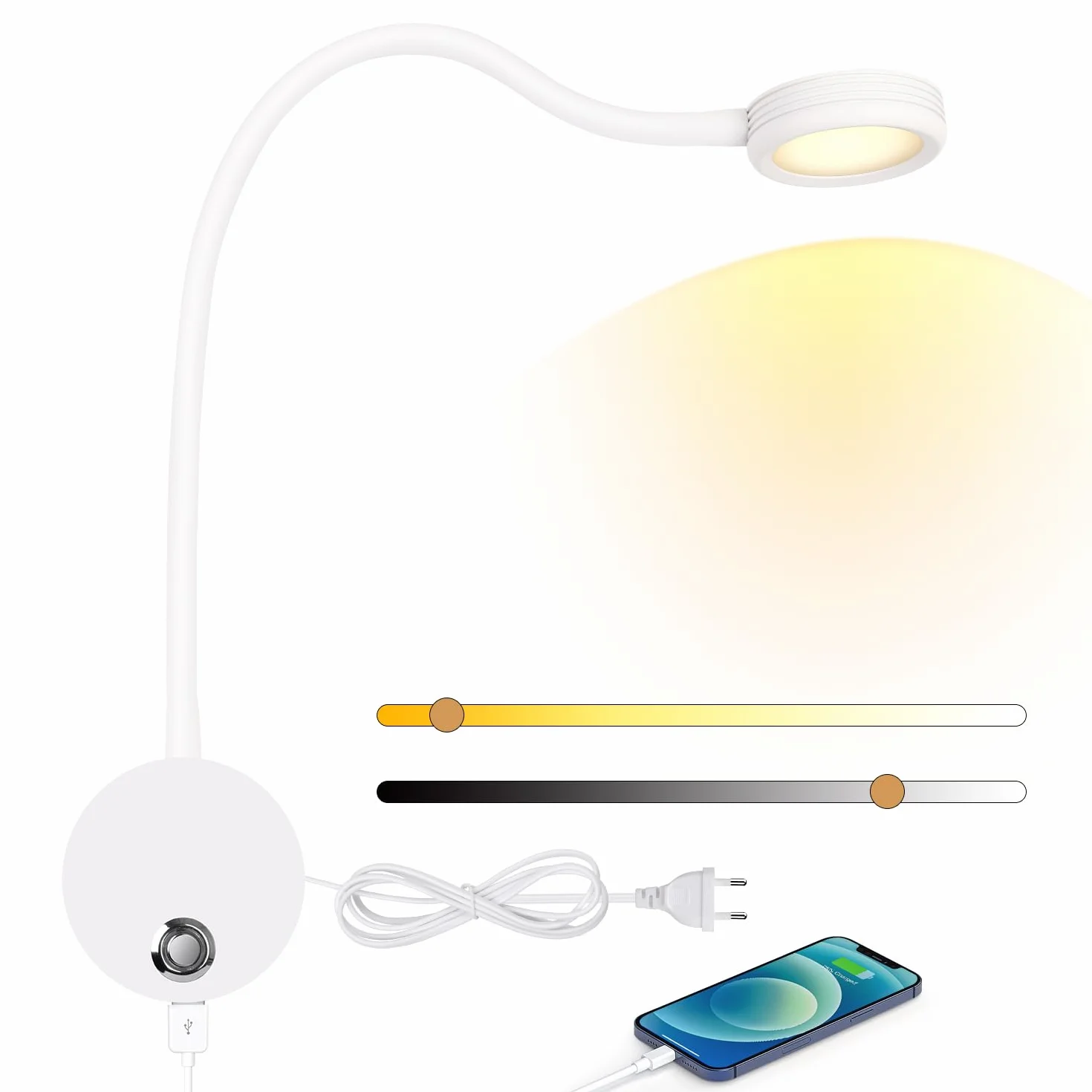 ERWEY LED Lampa ścienna Biała lampa do czytania ściana, lampa łóżkowa z przyciskiem dotykowym Regulowane światło 3000-6000K, elastyczna lampa gęsiej szyi 360° z USB do łóżka, sypialnia