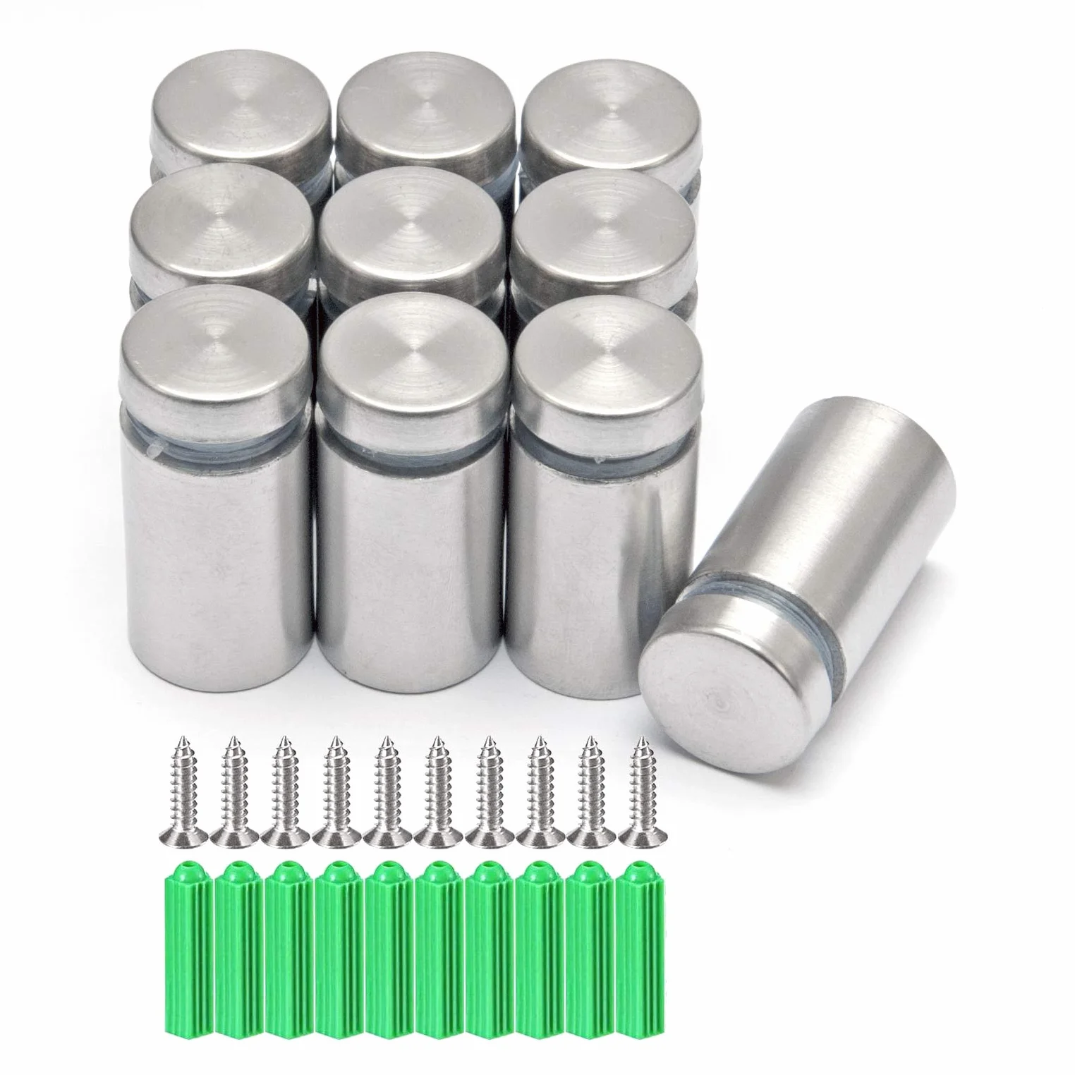 10 szt. 19 x 25 mm srebrne gwoździe reklamowe ze stali nierdzewnej, śruba mocująca do szkła, uchwyt mocujący szyldy, śruby dystansowe z wydrążoną płytą akrylową, zacisk mocujący do znaków (ze śrubami i gumową zatyczką)