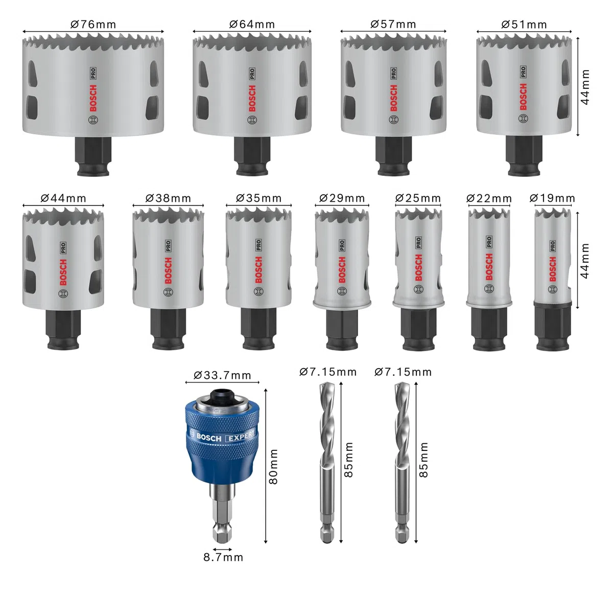 Bosch 14 x PRO Multi Material Power Change Plus zestaw otwornic – etui do formowania dmuchanego (do miękkiego drewna, płyt kartonowo-gipsowych, Ø 19-76 mm, profesjonalne akcesoria do wiertarki