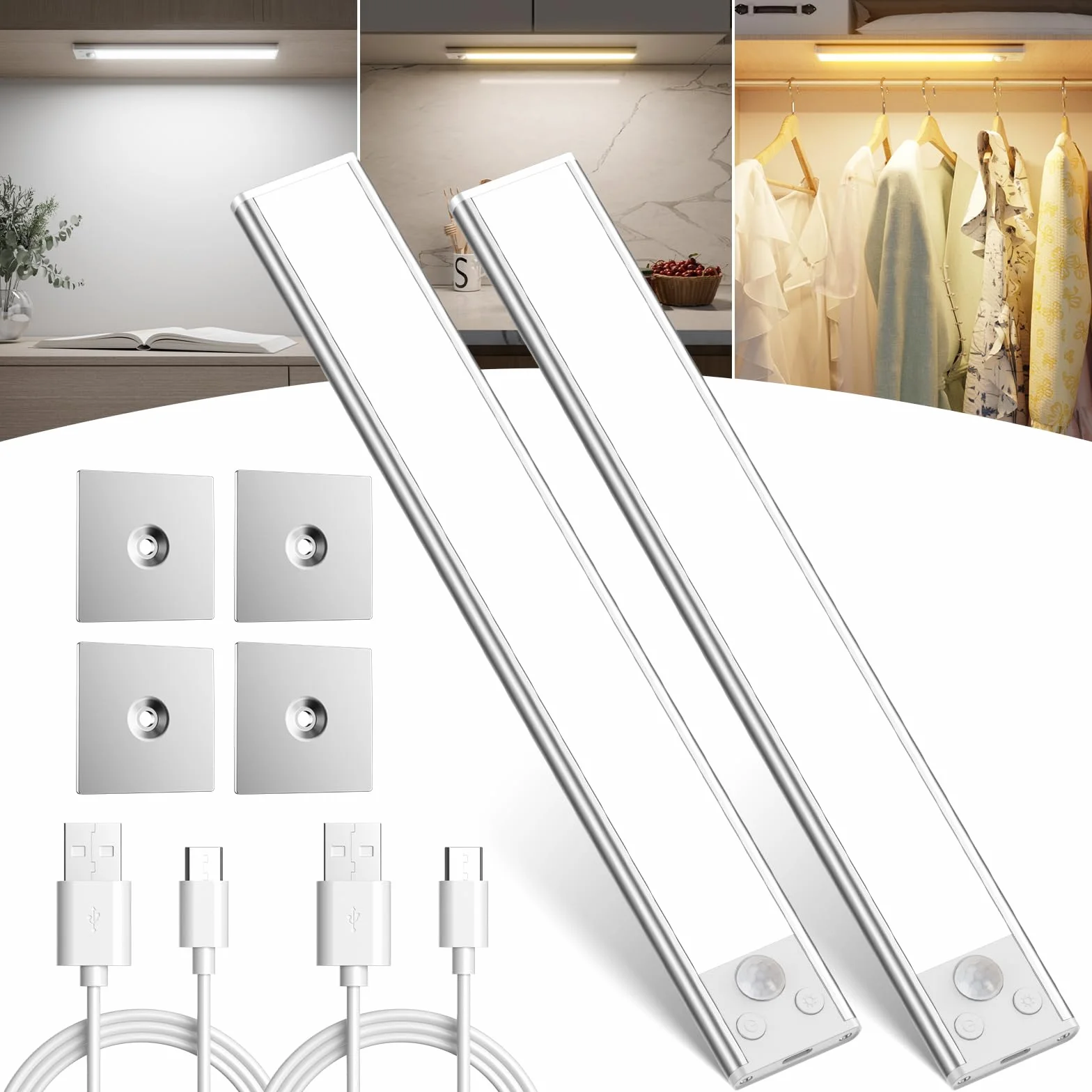 Lampa podszafkowa do kuchni, Szafka LED z czujnikiem 2 sztuki, 30 cm możliwość ściemniania podszafkowe światło kuchenne z 3 kolorami, USB-C ładowalna lampka nocna do sypialni, schodów, korytarzy