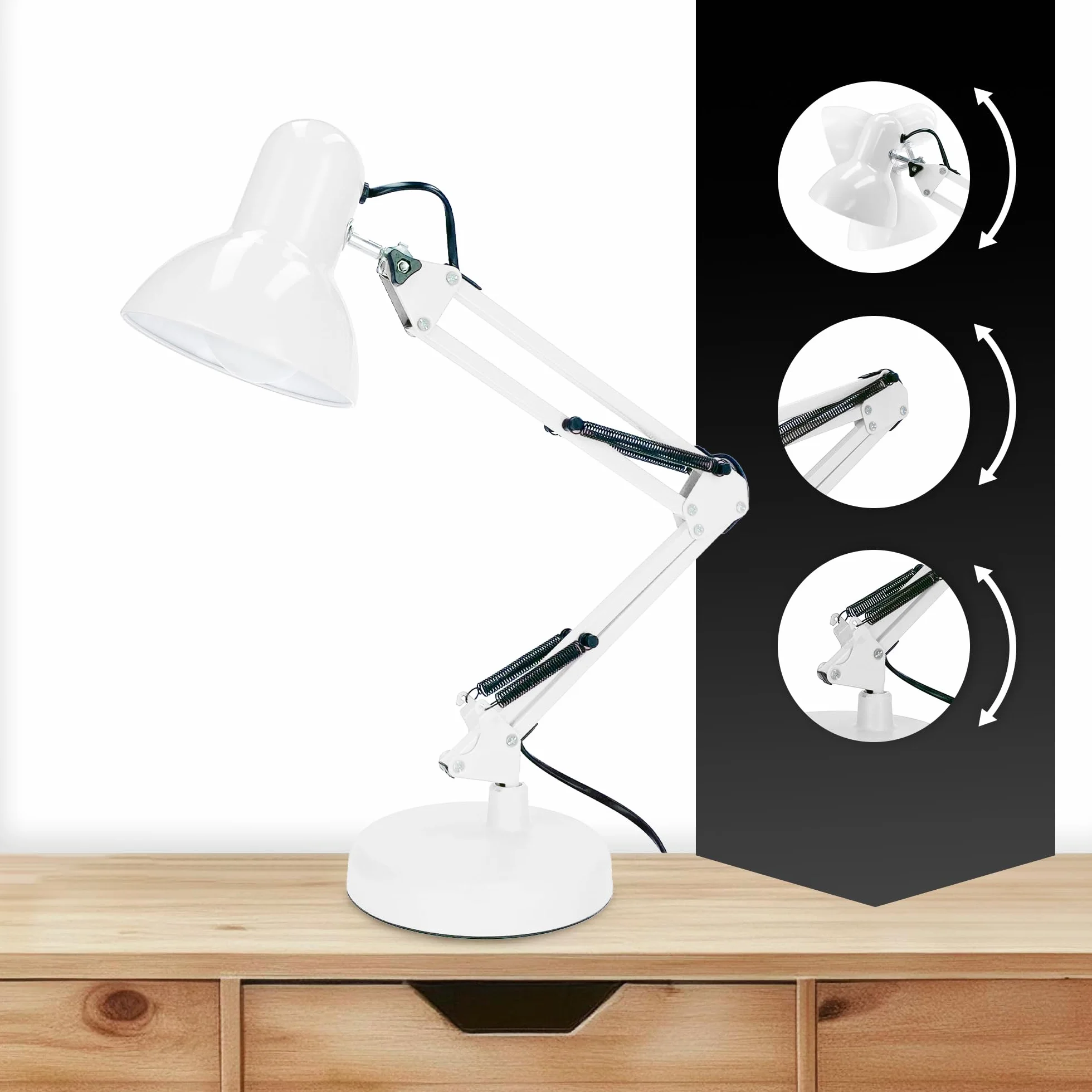 EDO, Lampka biurkowa PIXI WHITE E27 Lampa biurkowa w stylu retro, lampka do czytania, lampa biurkowa dla dzieci, regulowane ramię, czarny klips do podstawy, biała, ramię przegubowe, EDO777536