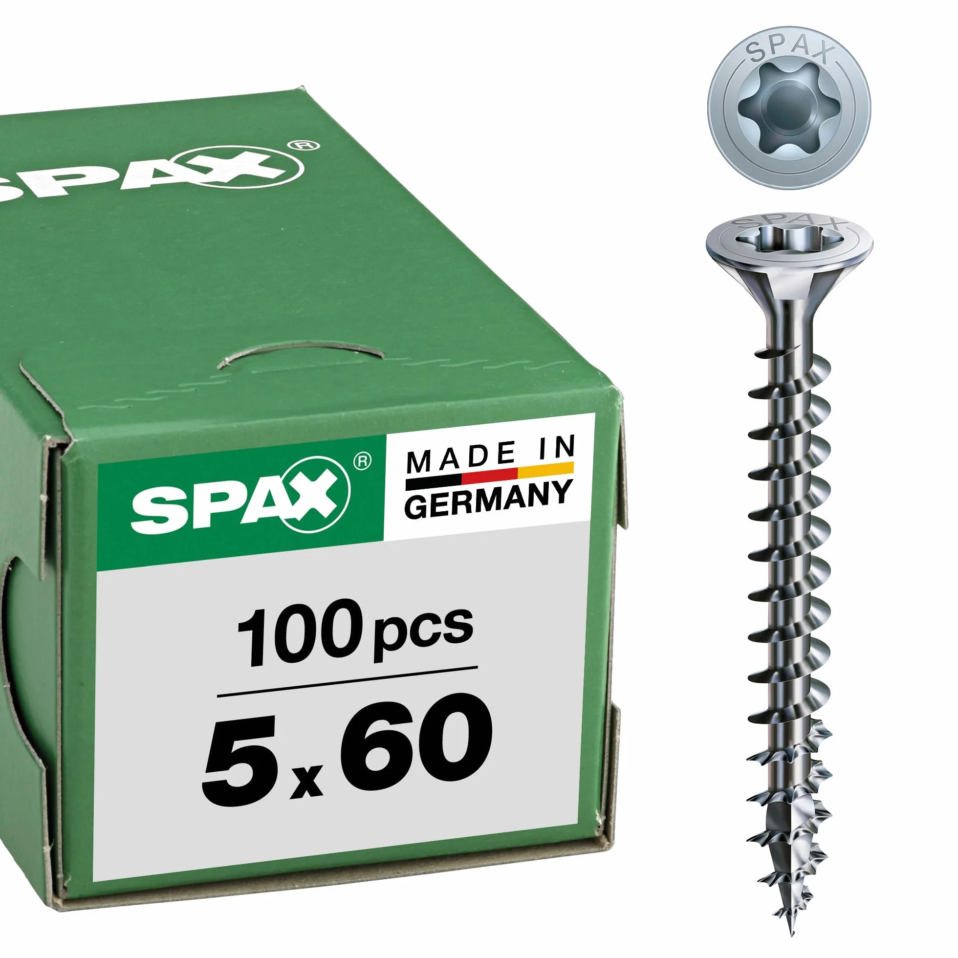 SPAX Śruba uniwersalna, 5,0 x 60 mm, 100 sztuk, T-STAR plus, łeb wpuszczany, pełny gwint, 4CUT, WIROX A3J, ocynkowane nieobrobione, 1191010500603