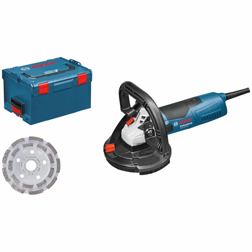 Bosch Professional: szlifierka do betonu GBR 15 CAG (1 500 W, prędkość obrotowa bez obciążenia 9 300 min–1, diamentowa tarcza garnkowa 125 mm, 3 zamienne wieńce szczotkowe, walizka L-BOXX)