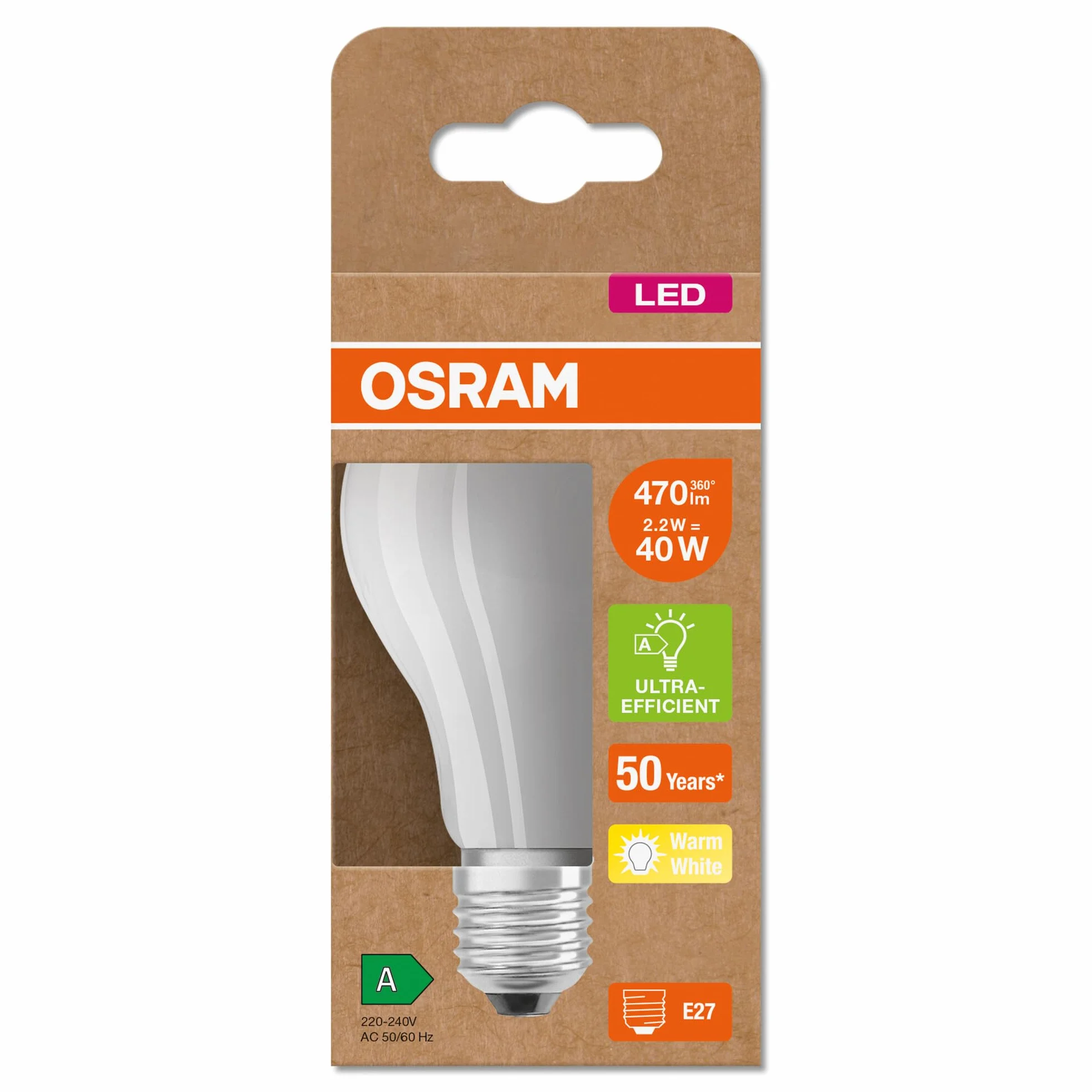 OSRAM LED lampa Energooszczędna, Żarówka Matowa, E27, Ciepła Biel 3000K, 2,5 W, Zastępuje Żarówkę 40W, Energooszczędna, 1 szt