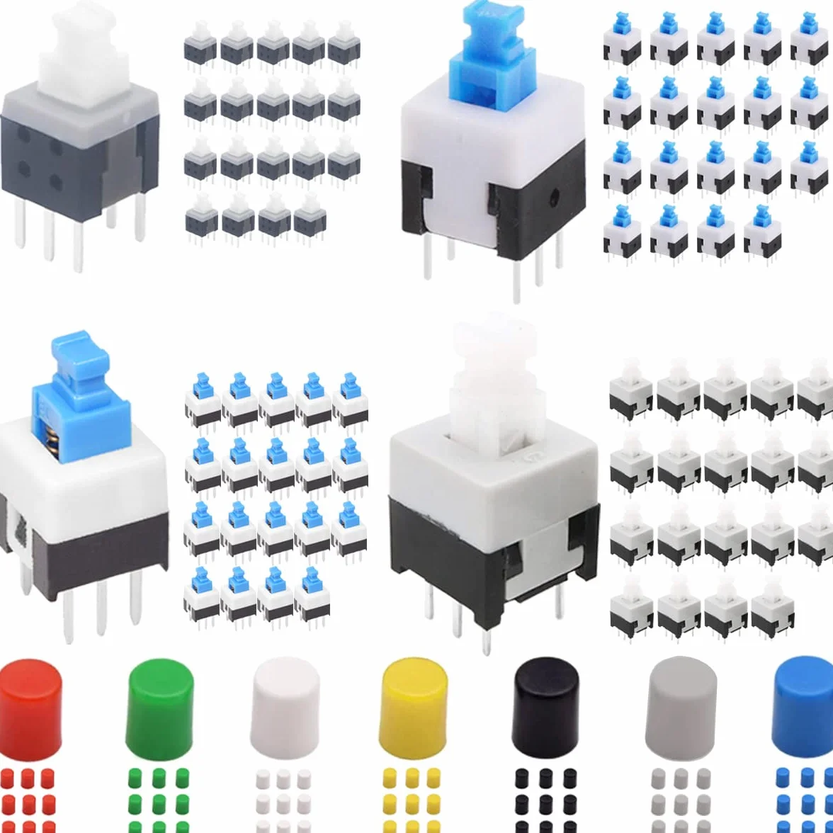 80 sztuk Mini przycisk samozamykający DPDT Zestaw przełącznika przyciskowego (8,5x8,5mm 8X8mm 7X7mm 5,8X5,8 mm) samoblokujący mikroprzycisk zasilania, z osłoną przełącznika