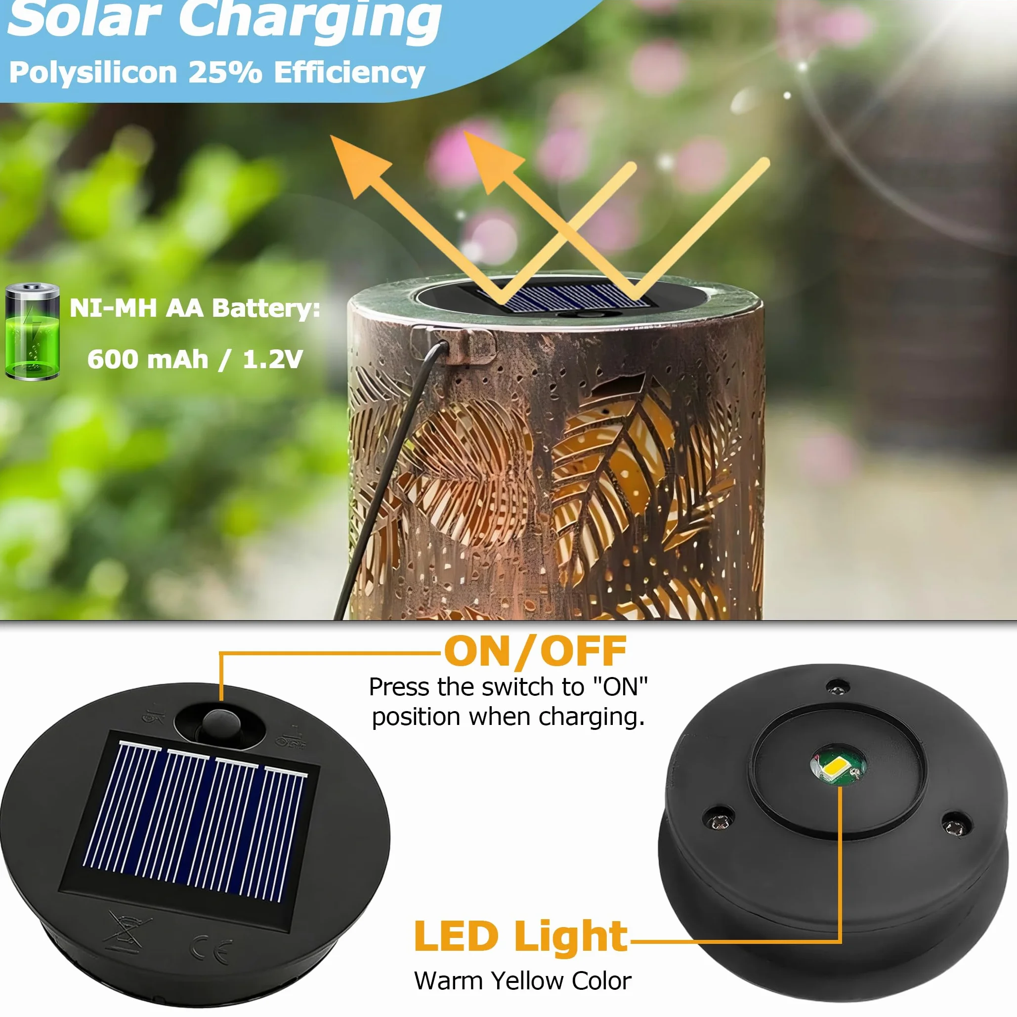 Wymienna górna część lampy solarnej 7 cm do lampionów zewnętrznych, mały rozmiar, 1,2 V 600 mAh, wodoszczelne ciepłe światło IP44, 7 cm LED wymienna górna jednostka do zewnętrznej lampy ogrodowej, 2