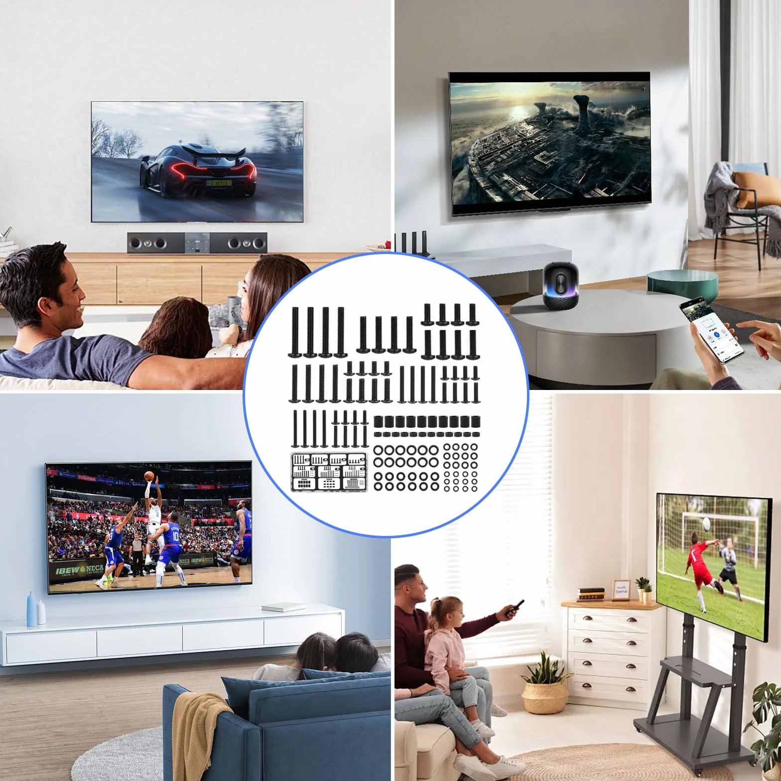 Vesa zestaw śrub do montażu na ścianie TV: 122 sztuki, M8, M6, M5, M4, czarny, śruby do telewizora z tulejami dystansowymi, podkładki, asortyment śrub do telewizora do montażu na ścianie
