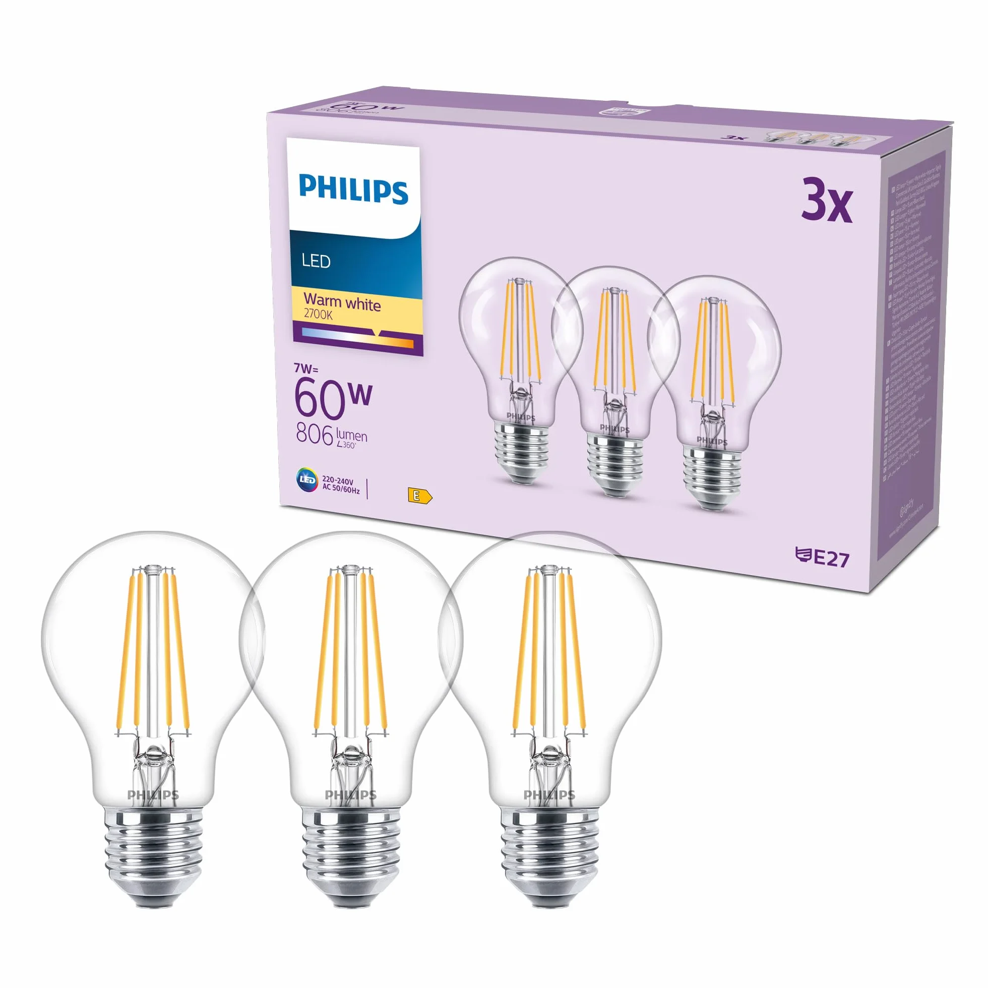Philips Classic A60 Żarówka LED, 60 W, Clear, E27 Socket, Ciepła Biel 2700 K, 3 sztuki