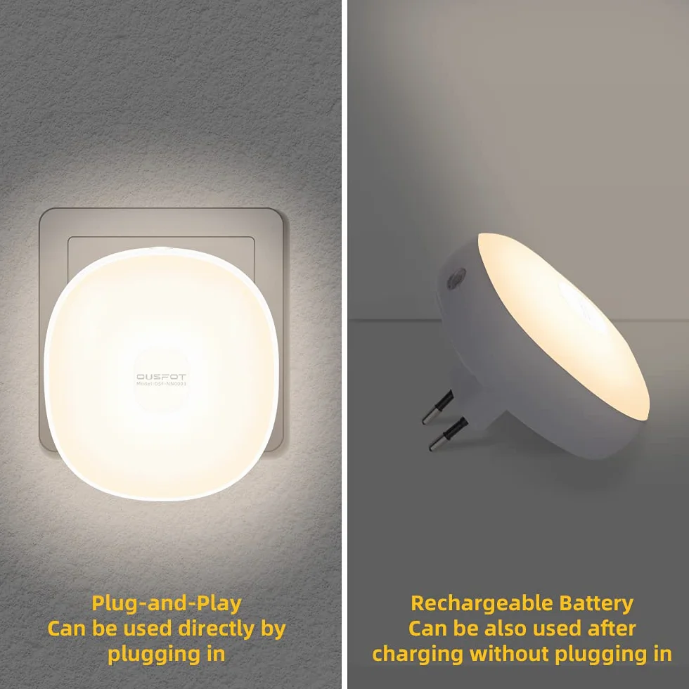 OUSFOT Lampka nocna z czujnikiem zmierzchu, ładowana, lampka nocna dla dzieci, 2 sztuki, energooszczędna, 2500-3500 K, ciepła żółta, lampka nocna do pokoju dziecięcego, na klatkę schodową, do kuchni,