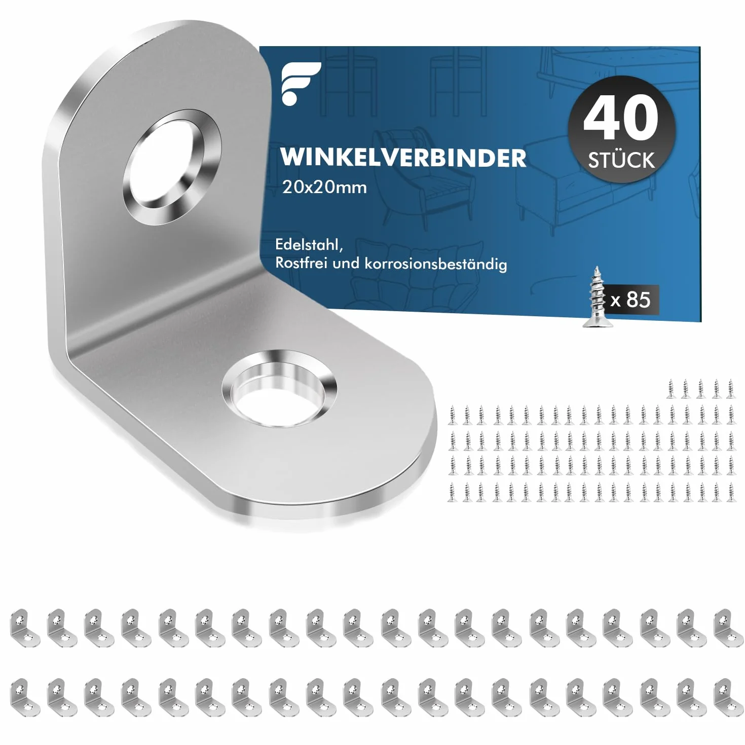 shinfly Metalowy kątownik montażowy ze stali nierdzewnej do naprawy mebli - Zestaw 40 kątowników montażowych 20*20mm do mocowania i naprawy mebli, wzmocnienia połączeń