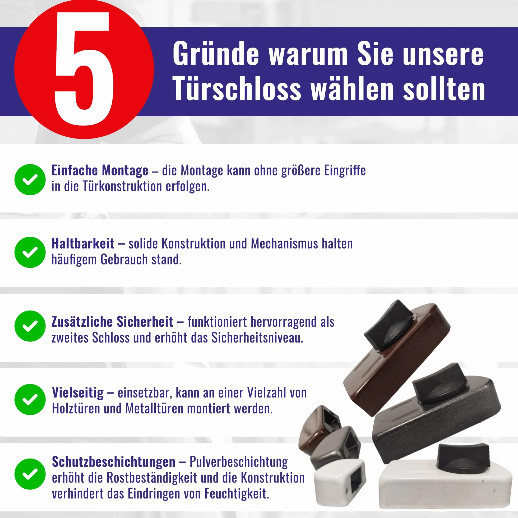 Chle-Mar – Zamek dodatkowy do drzwi wejściowych i wewnętrznych (kolor biały) | Metalowy, malowany proszkowo | Wytrzymałe uniwersalne zabezpieczenie drzwi | Do użytku wewnętrznego i zewnętrznego