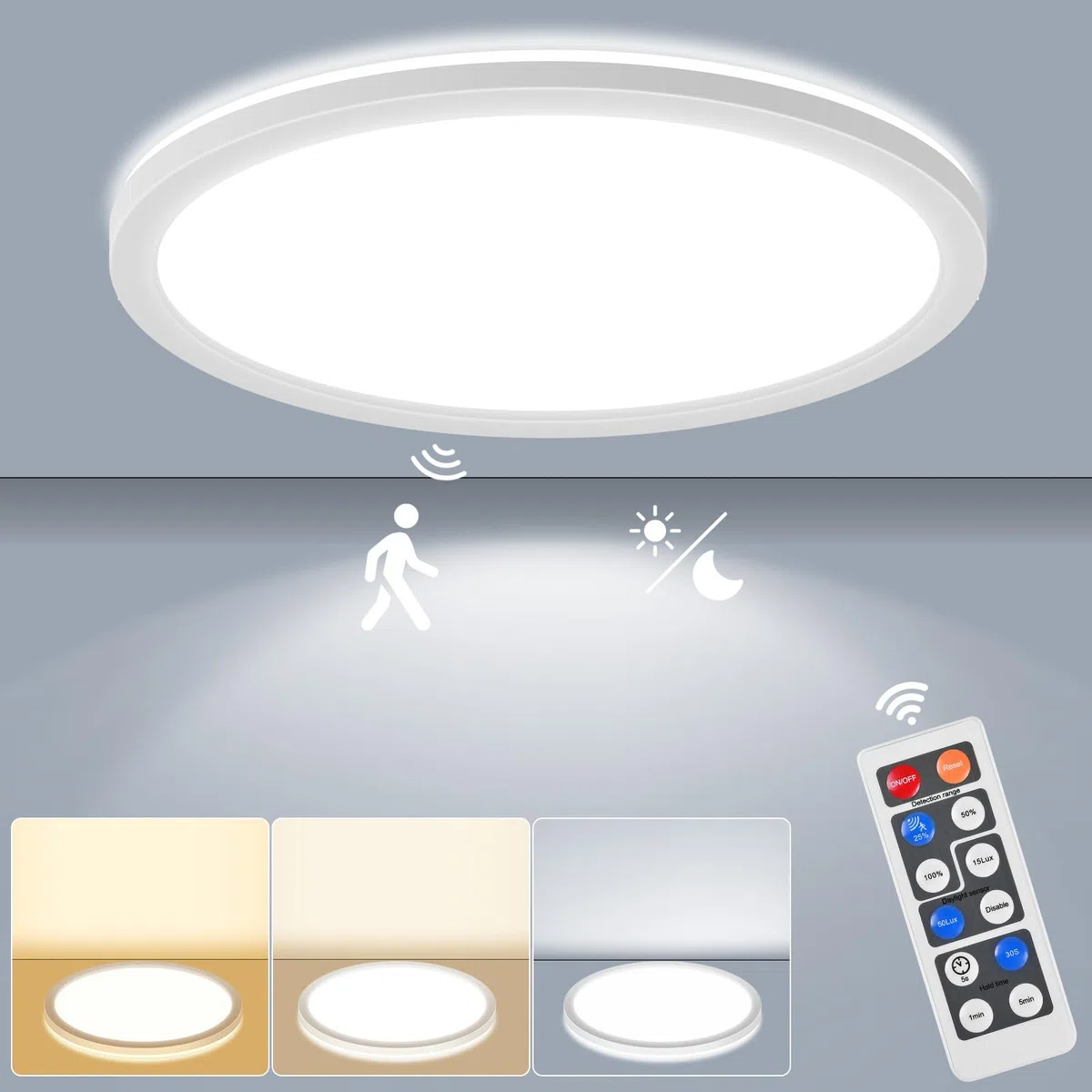 LEZOE Lampa sufitowa LED z czujnikiem ruchu, 18W 2000lm radarowym, ściemnialna, 3000K/4000K/6500K, do łazienki, garażu, na schody, do piwnicy, na korytarz, balkon, wejście, 22cm