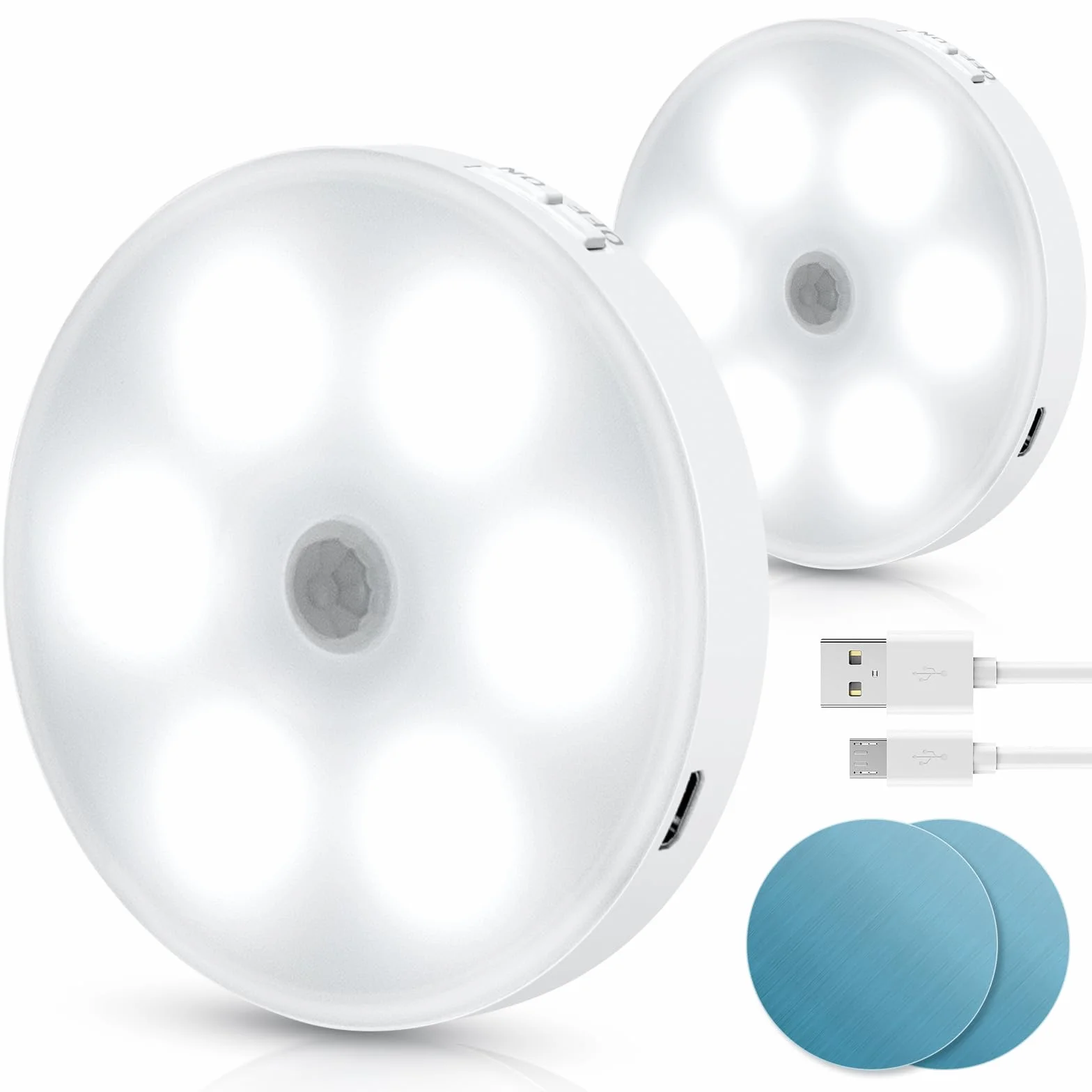 Aigostar 2 sztuki 6500K Magnetyczna lampka nocna LED z czujnikiem ruchu, ładowana przez USB, samoprzylepna lampka do szafy, lampka nocna 0,5 W do sypialni, korytarza, kuchni i schodów