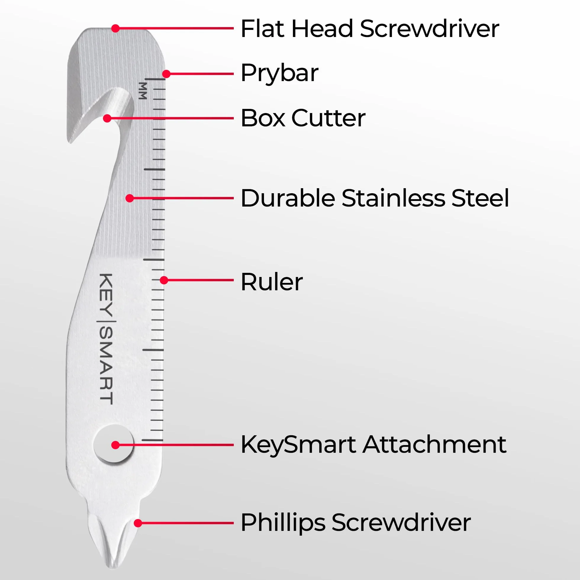 KeySmart Narzędzie wielofunkcyjne 5 w 1 wielofunkcyjne narzędzie do kluczy z otwieraczem do pudełek, linijką, drążkiem podważającym, śrubokrętem krzyżakowym i płaskim śrubokrętem - Mini narzędzie