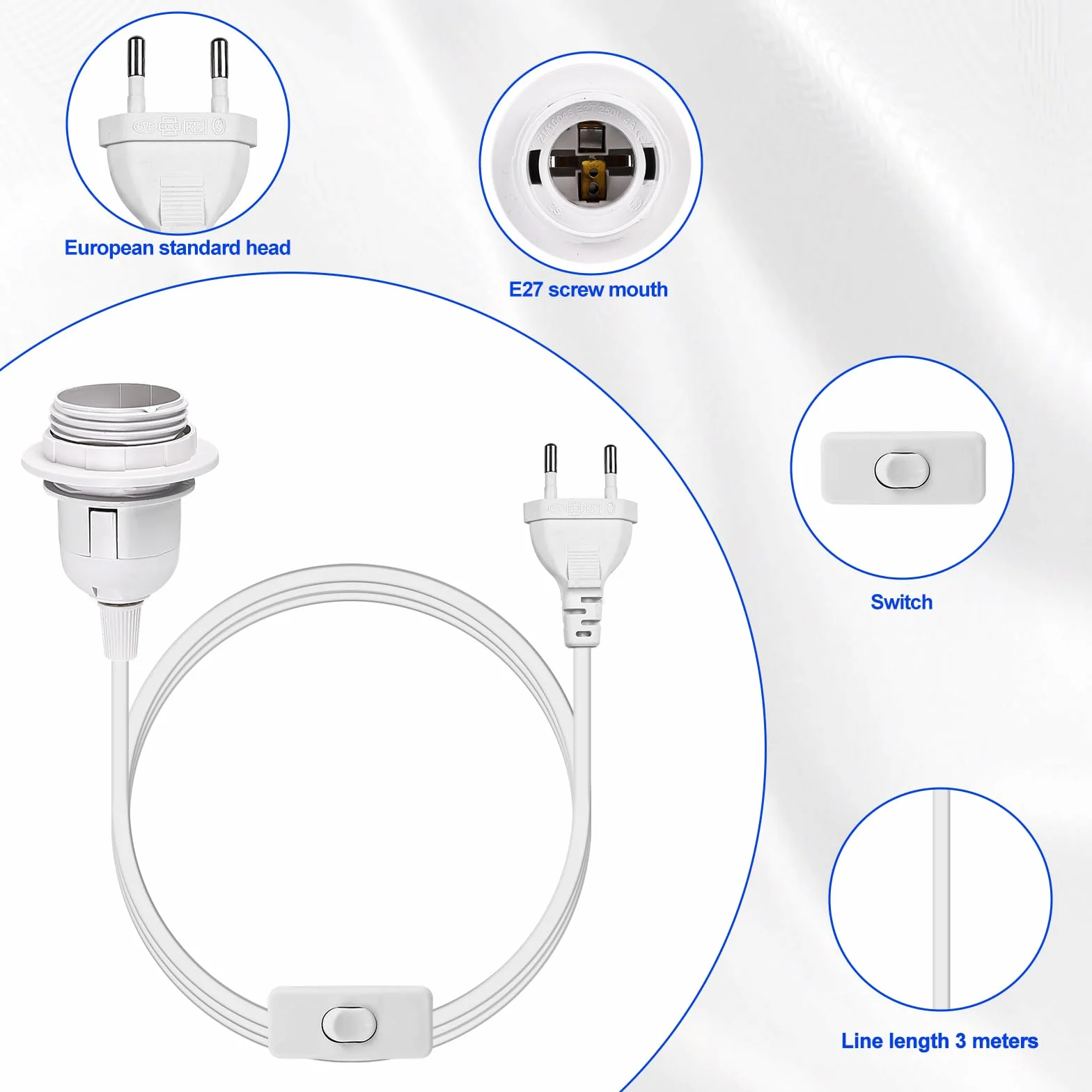 Zestaw 4 oprawek E27 z przełącznikiem i wtyczką EU, kabel 3 m, biały