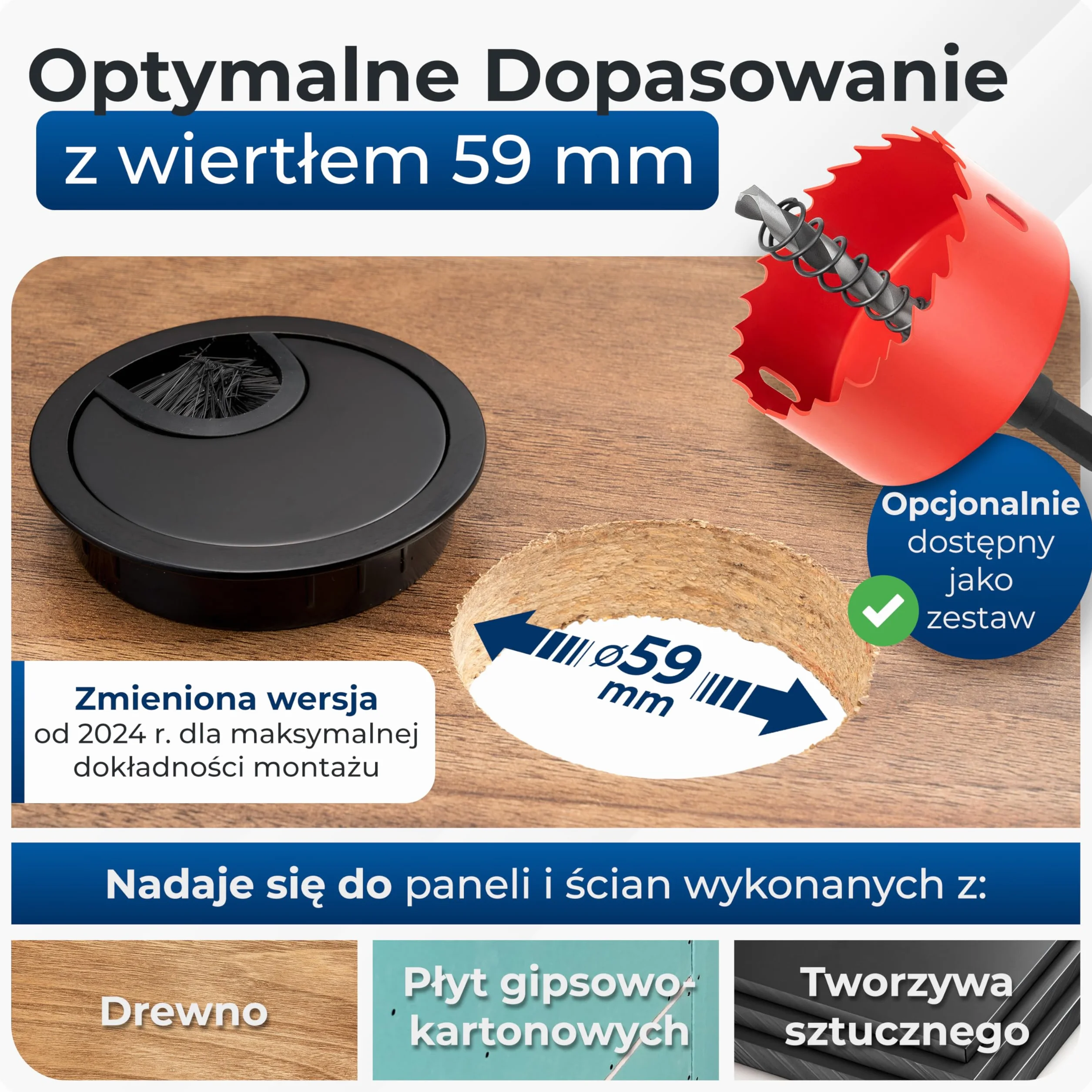 BRUCE.® Premium przepust kablowy z metalu [2 kawałek, Czarny] - Przepust kablowy na biurko ø 60 mm - z 2 Różnymi Opcjami Dyfuzora - Dla większego porządku na biurku w miejscu pracy