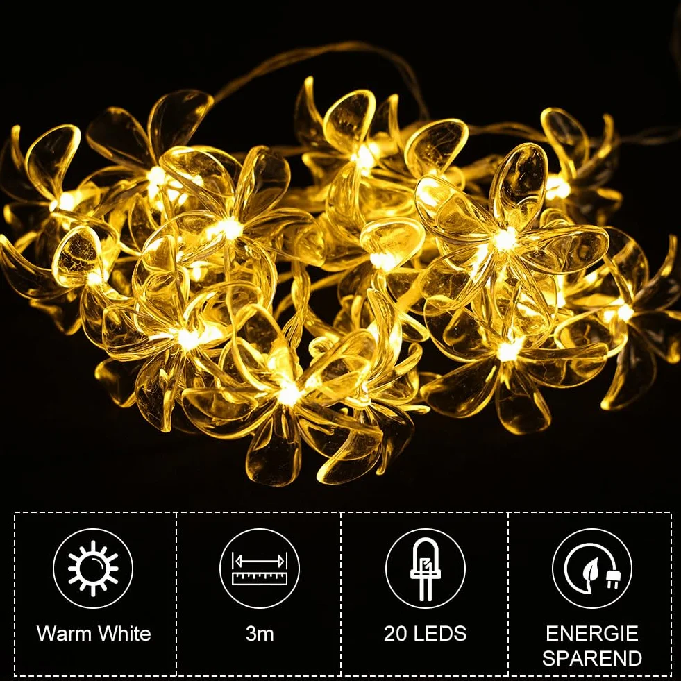 Łańcuch świetlny z kwiatami wiśni, 3M 20 LED, łańcuch świetlny na baterie, wodoszczelny, do ogrodu, na wesele, do wewnątrz, na zewnątrz, na taras, do dekoracji imprez, ciepła biel