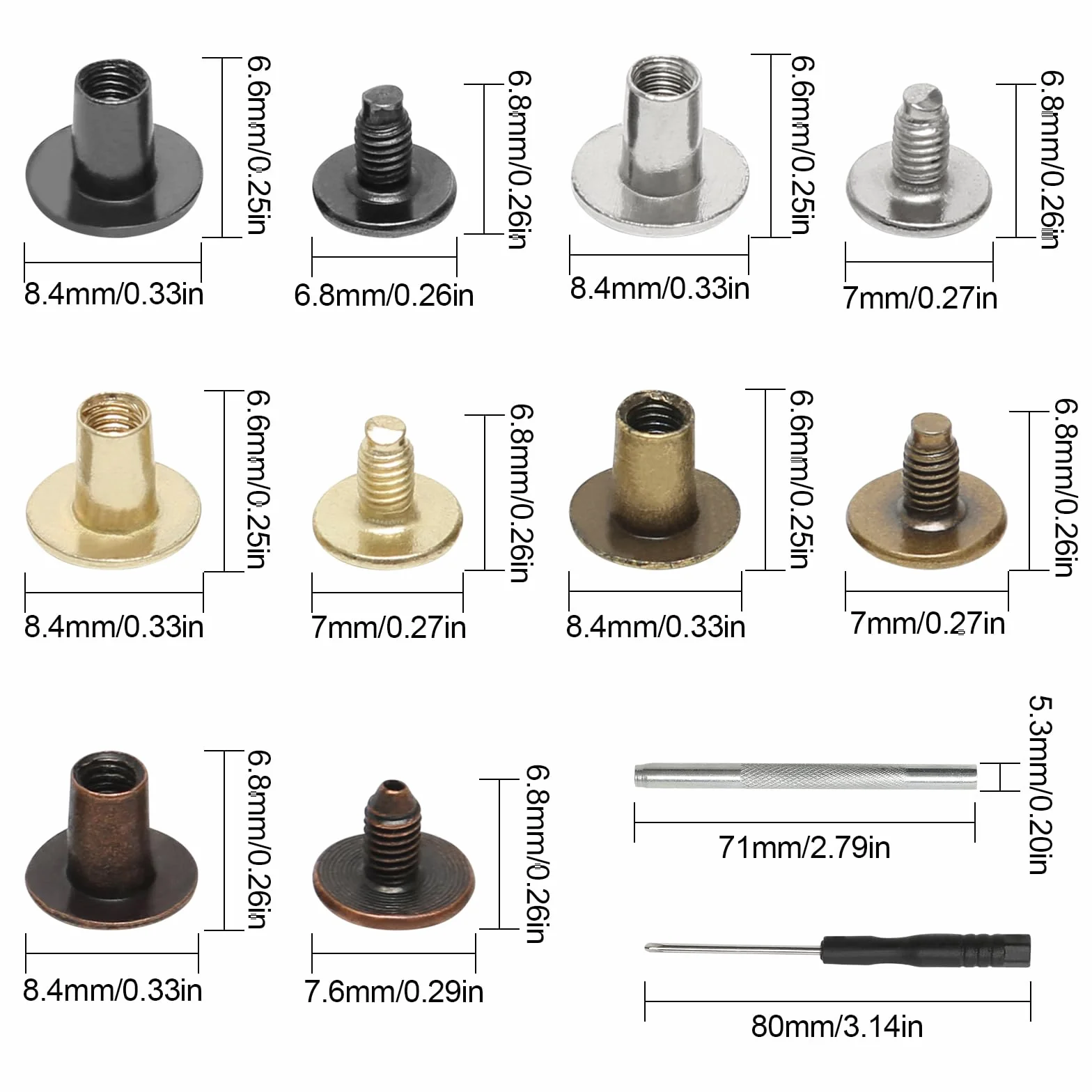 150 zestawów nitów śrubowych Chicago, śruba z płaskim łbem M5x6/8 mm zestaw nitów, nity z łbem krzyżowym do skóry do DIY pasów, wiązanie książek, albumy fotograficzne, torby (5 kolorów)