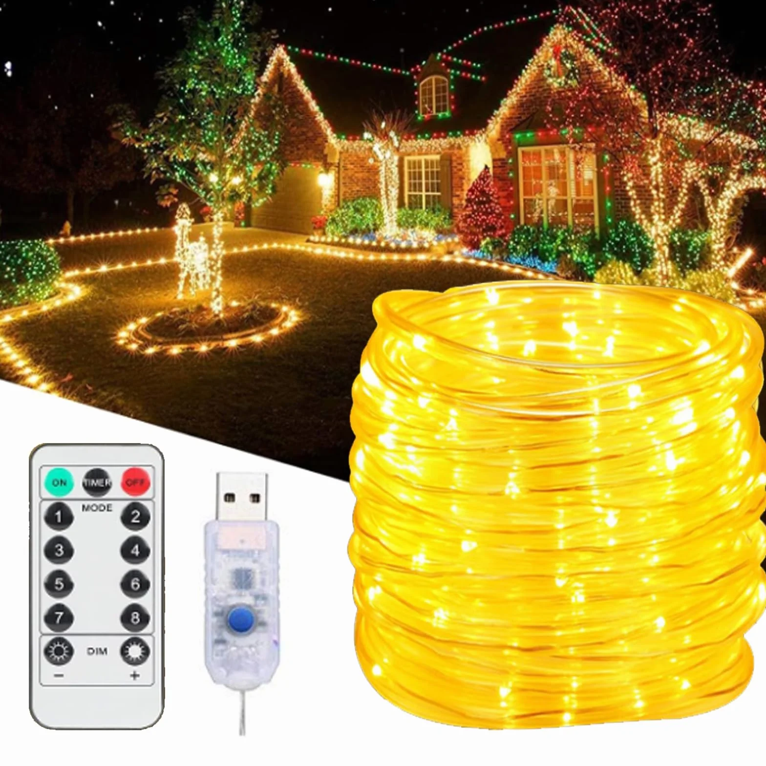 Wąż świetlny, 100 diod LED, USB, łańcuchy świetlne do użytku na zewnątrz, do wnętrz, 8 trybów IP65, wodoodporny, do sypialni, na imprezę, do ogrodu, na kemping, Boże Narodzenie (ciepła biel)