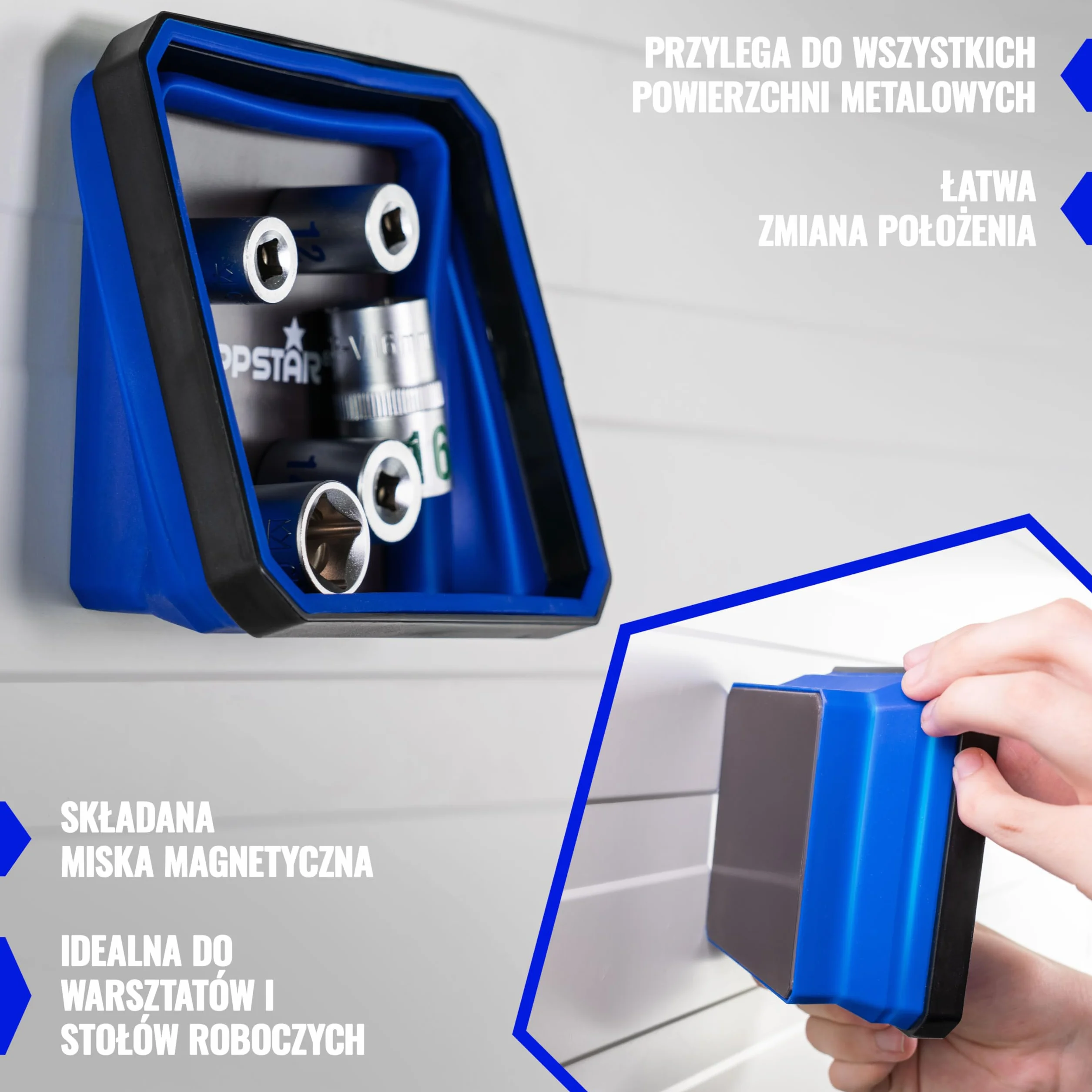 Poppstar składana tacka narzędziowa z 2 magnesami, utrzymuje 1,25 kg, prostokątna (11,5 x 11,5 cm), silikon, niebieski