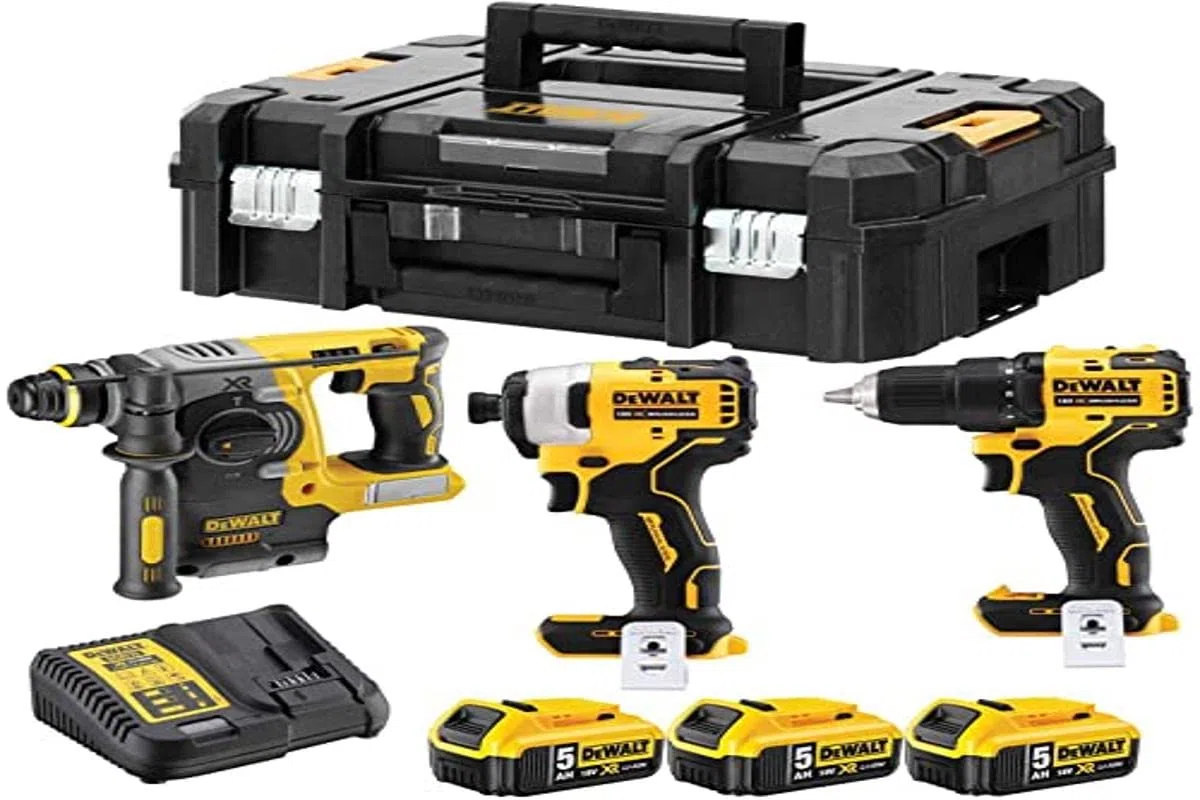 Dewalt DCK377P3T zestaw akumulatorowy kombi 18 V/2 Ah (3-częściowy, składa się z: wiertarko-wkrętarki akumulatorowej DCD708, akumulatorowa wkrętarka udarowa DCD809, młotek akumulatorowy SDS-plus