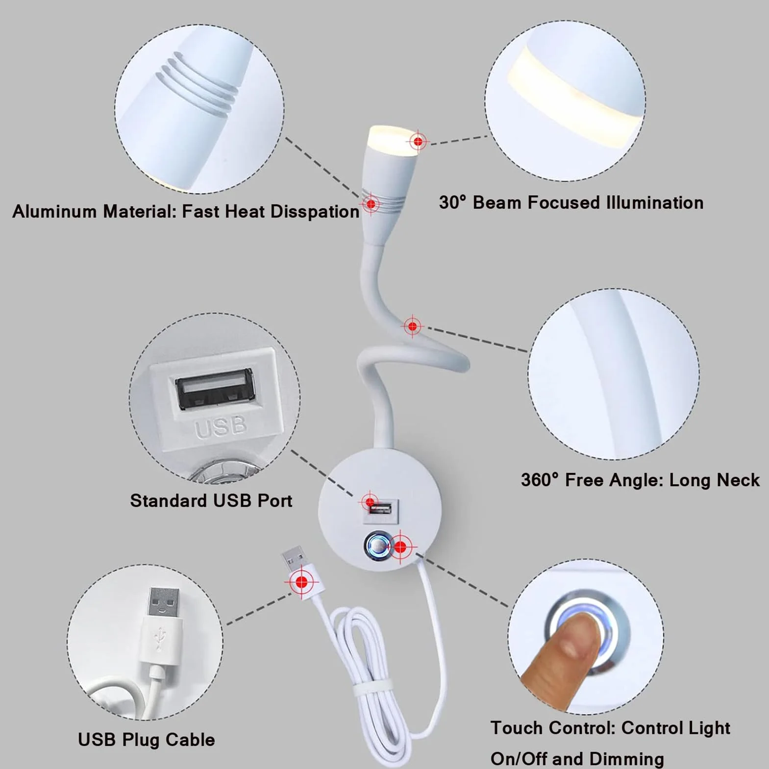 Lampa ścienna LED 6W do czytania z regulacją 3000K-6500K, ściemniana, 1,9 m