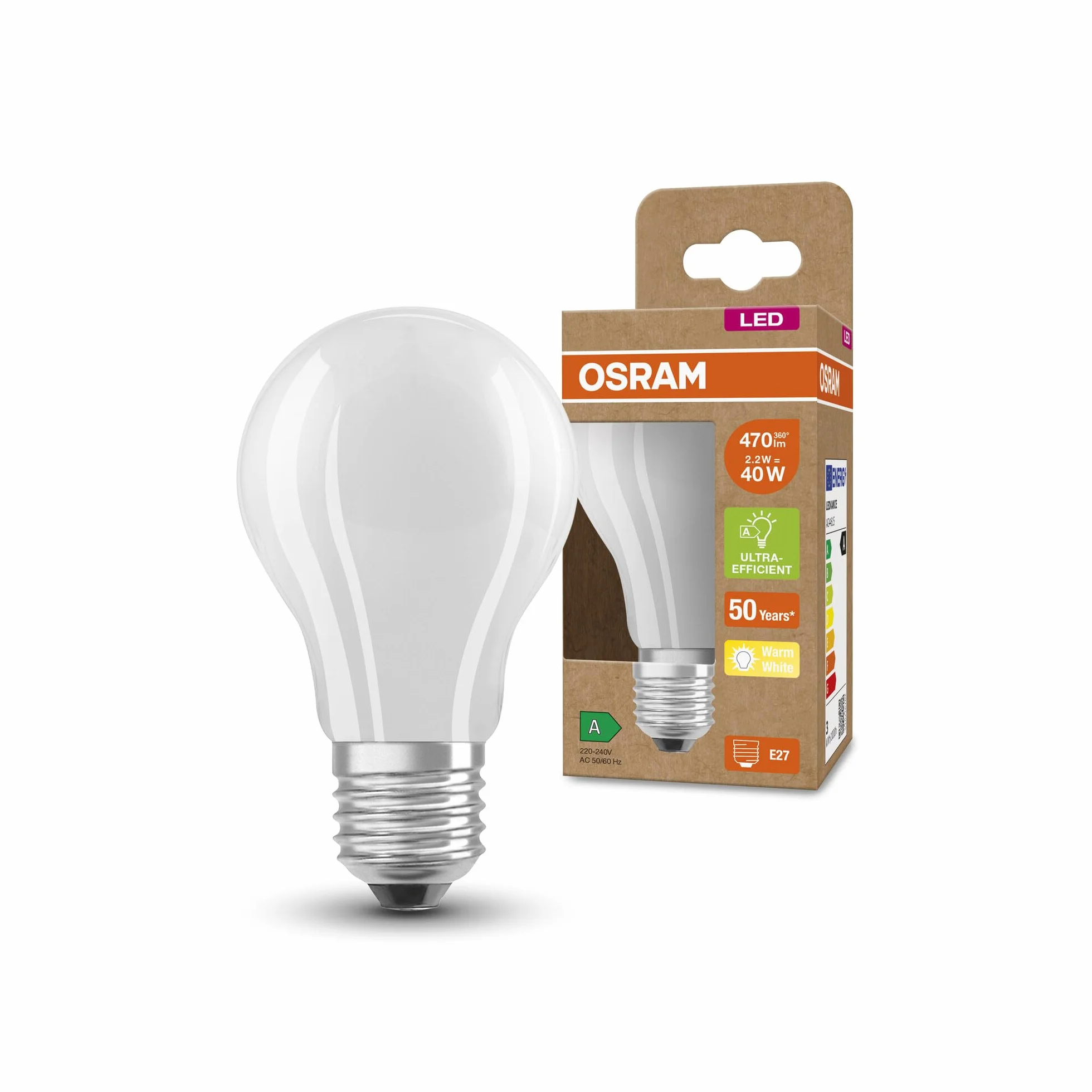 OSRAM LED lampa Energooszczędna, Żarówka Matowa, E27, Ciepła Biel 3000K, 2,5 W, Zastępuje Żarówkę 40W, Energooszczędna, 1 szt