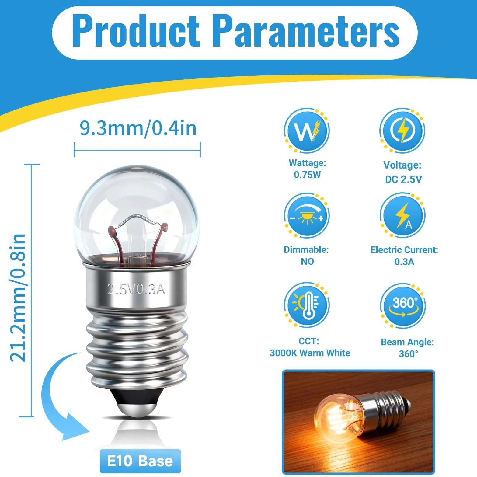 Caldarax Zestaw 10 mini żarówek E10 DC 2,5 V 0,3 A ciepła biel 3000 K