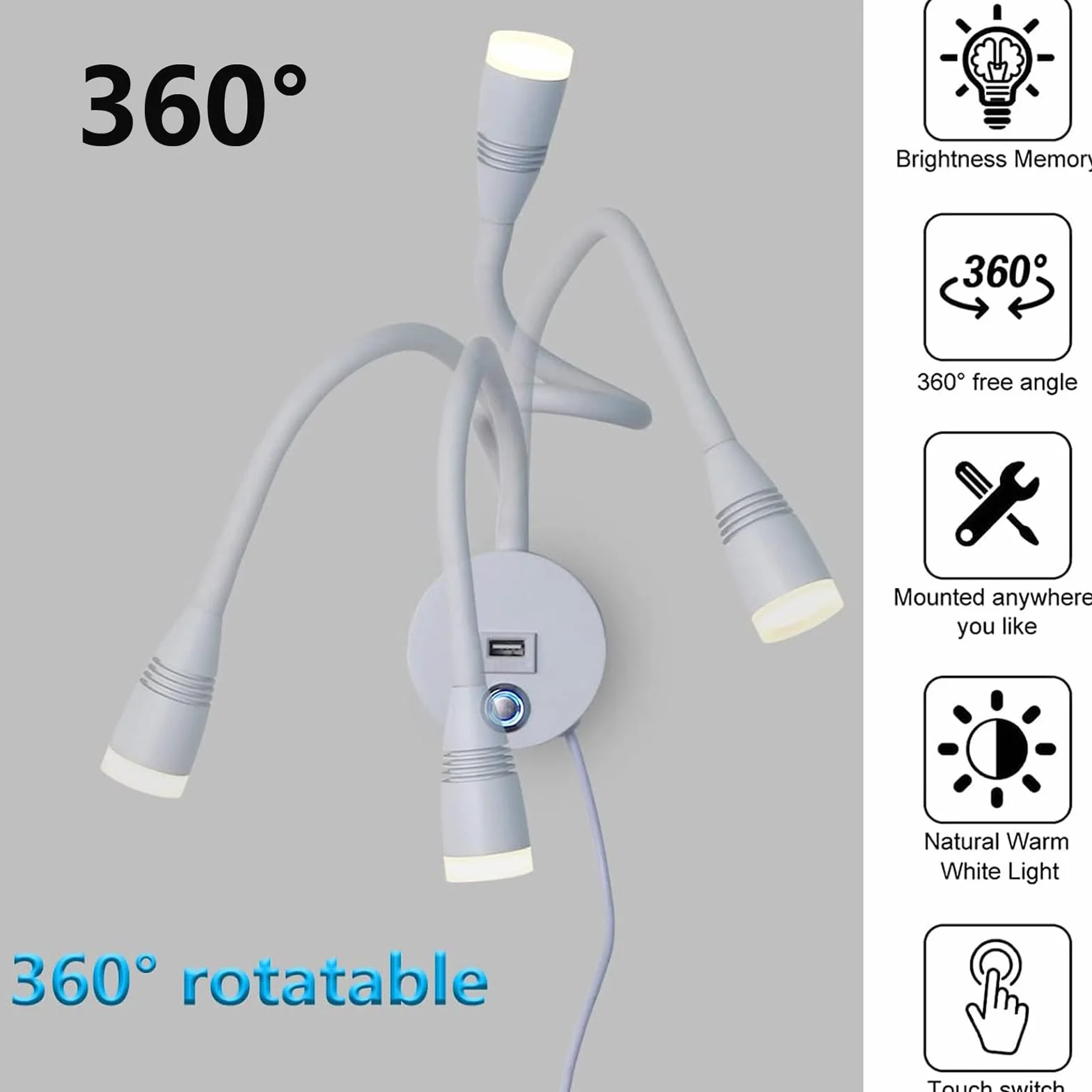 Lampa ścienna LED 6W do czytania z regulacją 3000K-6500K, ściemniana, 1,9 m