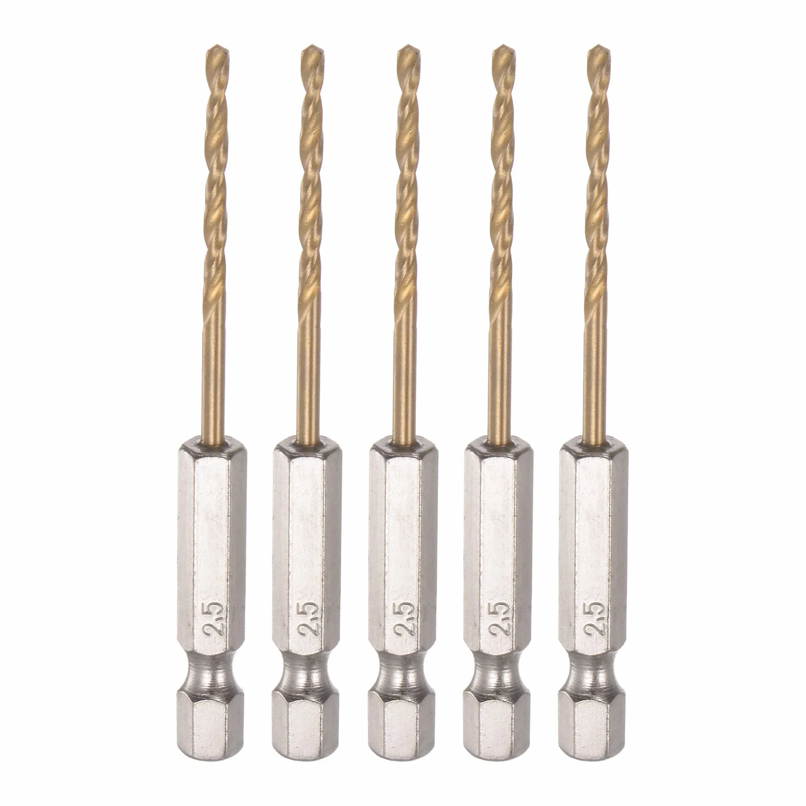 sourcing map 5 sztuk 1/4" Sześciokątny trzpień Wiertła 2.5mm Tytanu Wiertła Zestaw M35 High Speed Śruba Ze Stali Śrubowej 76mm Długie Do Drewna, Stal Nierdzewna, Metal