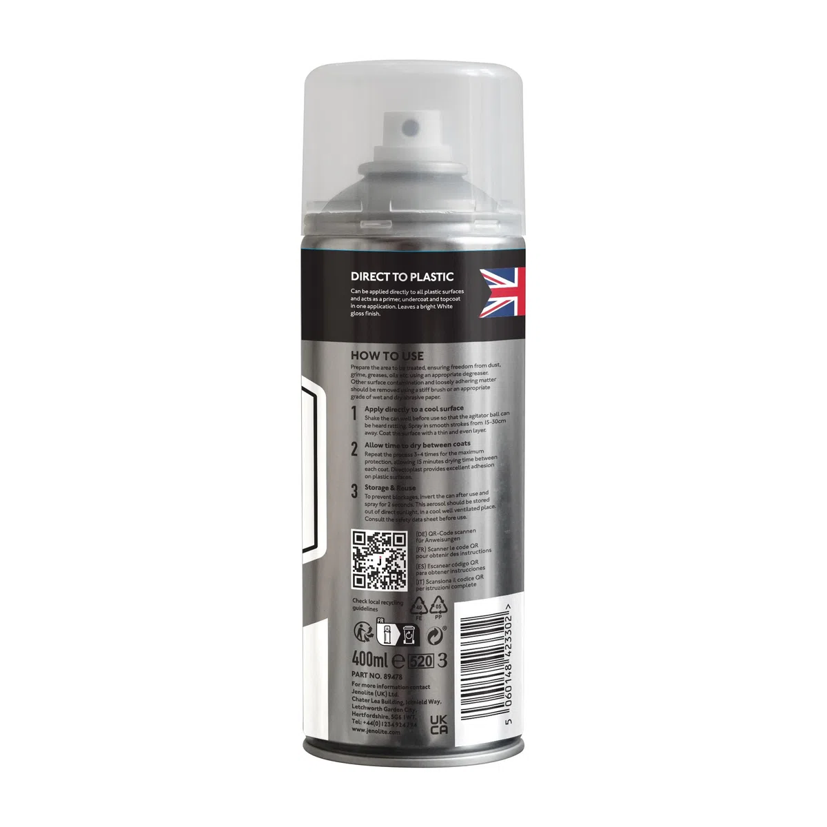 JENOLITE Directoplast farba błyszcząca, biała, farba w sprayu do wszystkich rodzajów tworzyw sztucznych, bez podkładu, 400 ml, RAL 9016