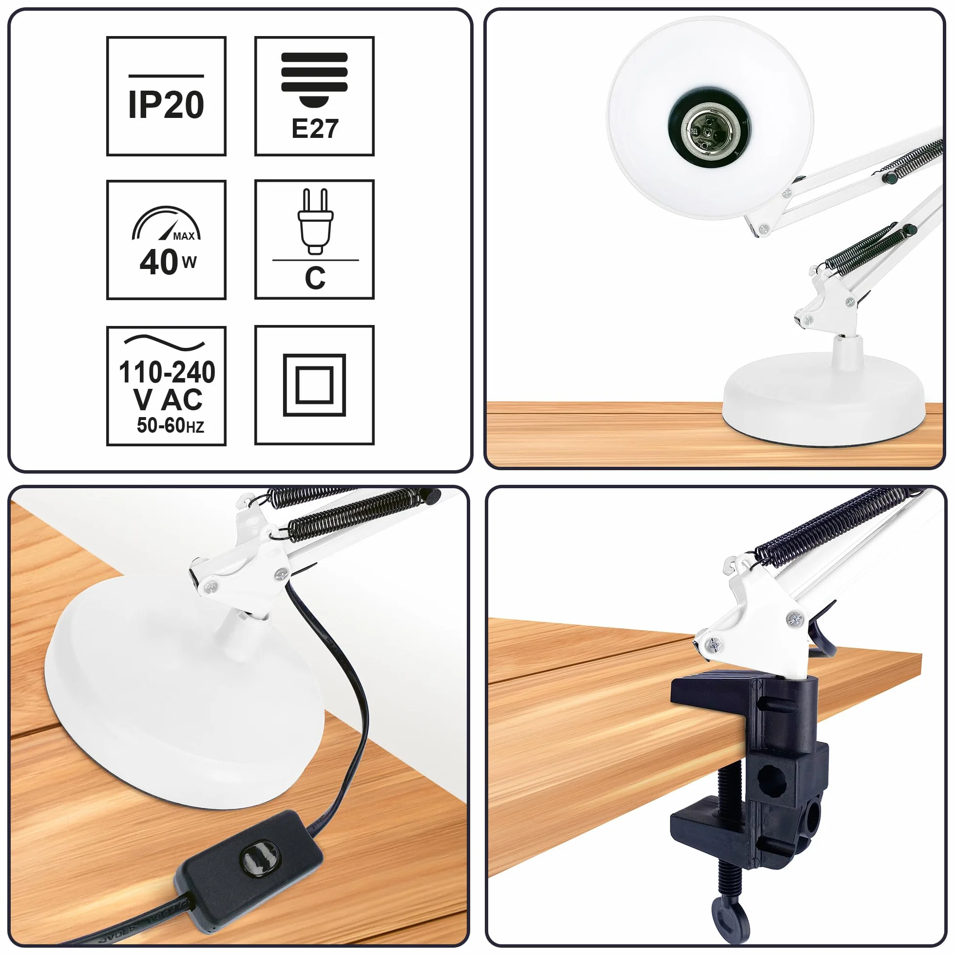 EDO, Lampka biurkowa PIXI WHITE E27 Lampa biurkowa w stylu retro, lampka do czytania, lampa biurkowa dla dzieci, regulowane ramię, czarny klips do podstawy, biała, ramię przegubowe, EDO777536