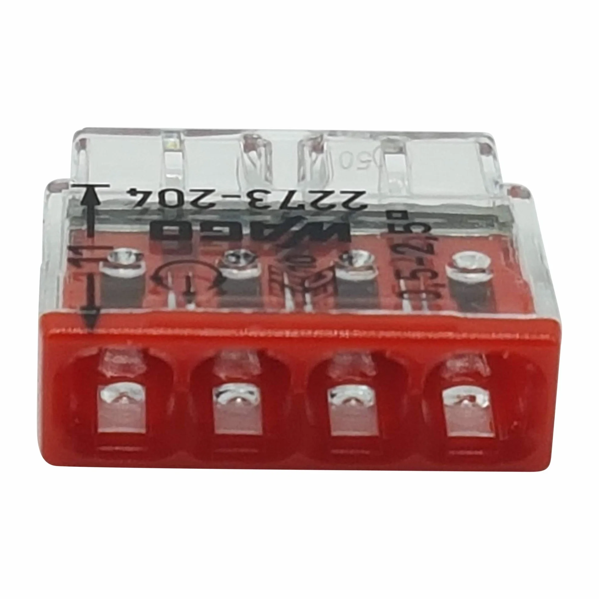 30 sztuk Wago 2273-204 COMPACT zaciski przyłączeniowe Ø 0,5-2,5 mm², 4-biegunowe, przezroczyste/czerwone
