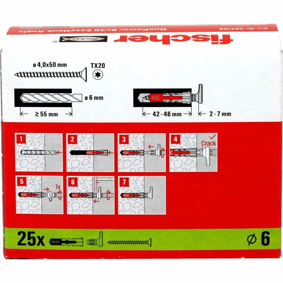 fischer 564168 Angle, zestaw składający się z 25 śrub z hakami kątowymi i kołkami DuoPower 6 x 30, śruby do płyt wiórowych z haczykami, elastyczne haki śrubowe do montażu w wielu materiałach