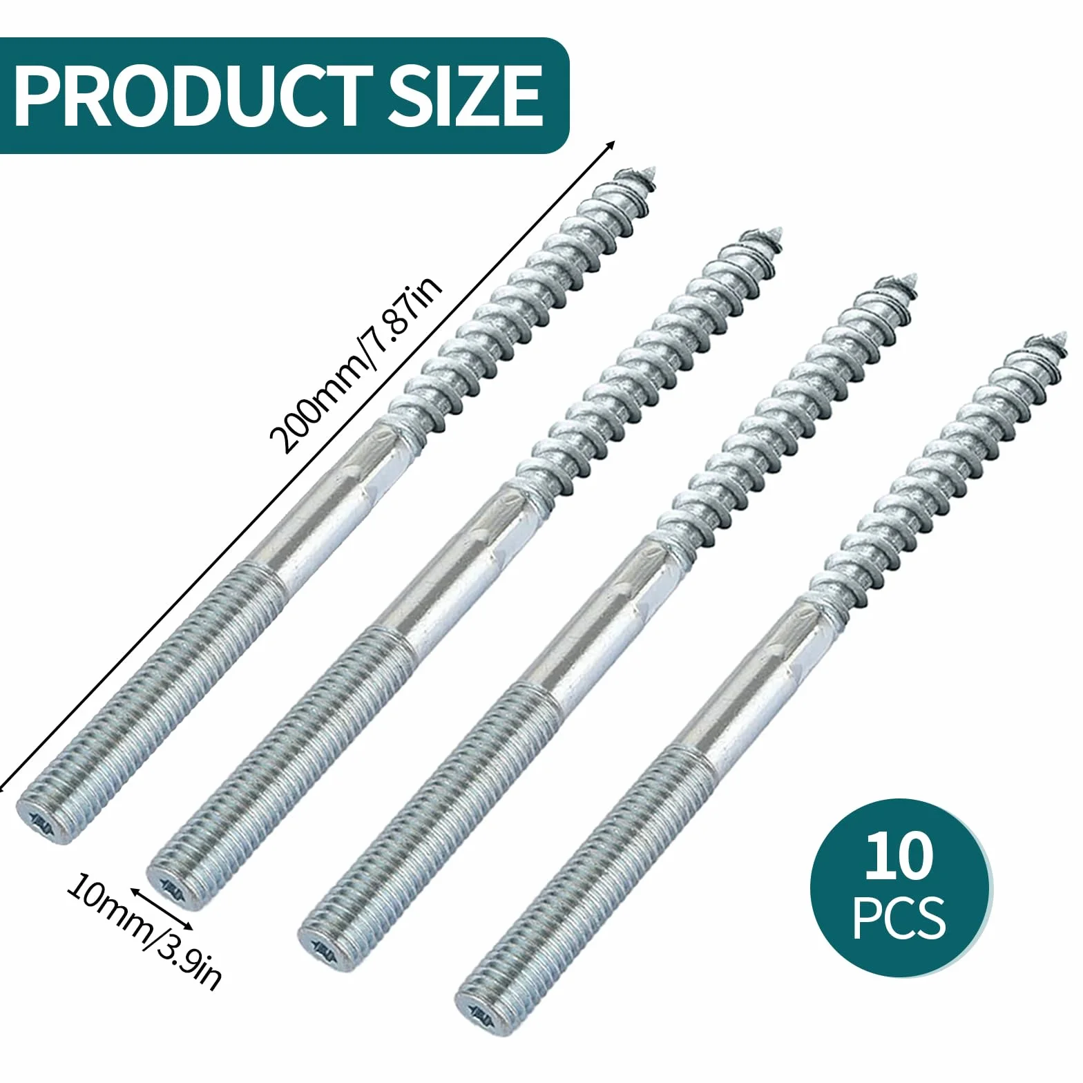 10 sztuk śrub trzpieniowych M10, M10 x 200 mm, ze stali węglowej, wkręty z podwójnymi łbami Torx, wkręty do drewna, podwójne śruby gwintowane do mocowania obejm rurowych i montażu mebli, 10 sztuk