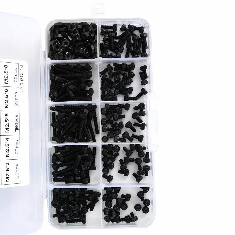 Zestaw śrub z łbem walcowym, 300 sztuk M2,5 x 3-20 mm 12,9 stopniowa śruba z łbem walcowym z czarnego stopu aluminium z nakrętką