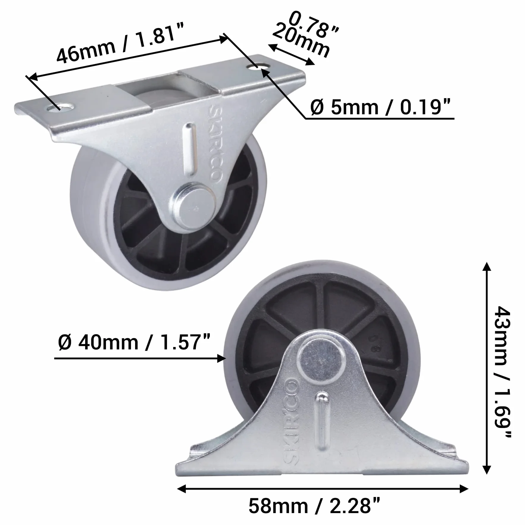 SKIR'CO (20 sztuk) 40 mm gumowe kółka, kółka meblowe, kółka do mebli, niewychylne, śruby wchodzą w zakres dostawy
