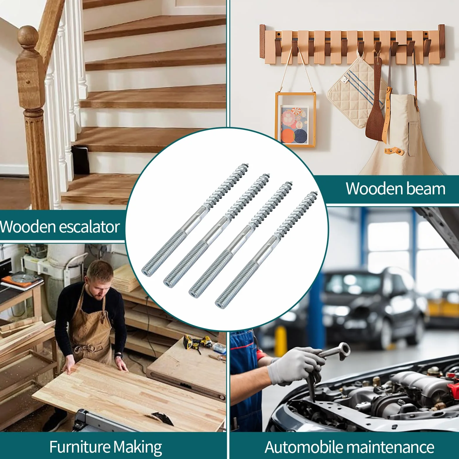 10 sztuk śrub trzpieniowych M10, M10 x 200 mm, ze stali węglowej, wkręty z podwójnymi łbami Torx, wkręty do drewna, podwójne śruby gwintowane do mocowania obejm rurowych i montażu mebli, 10 sztuk