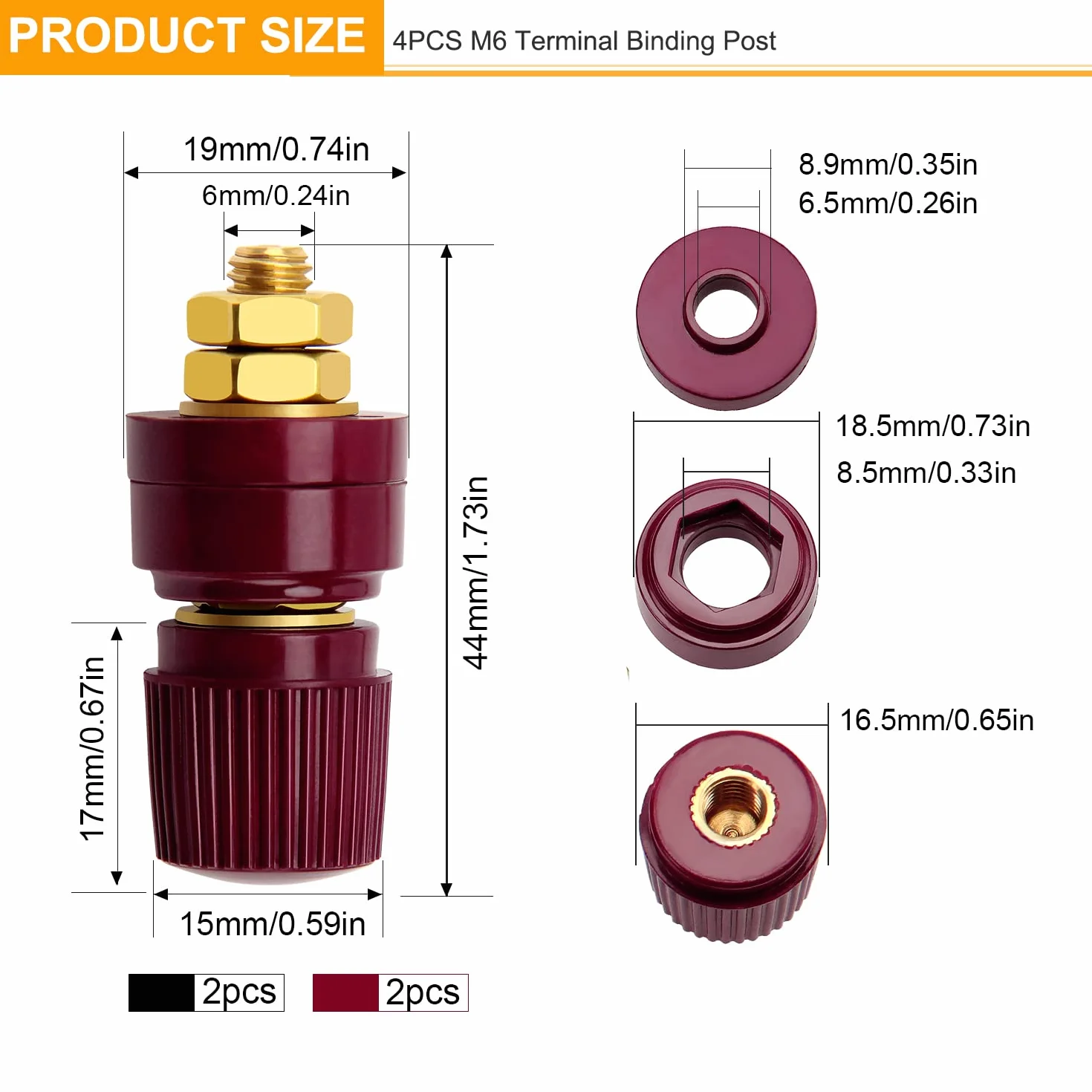 VooGenzek 4 Sztuk M6 Terminal Binding Post, 333 Typ Mosiężny Słupek Zaciskowy, Zacisk Słupka Zasilania, 0V-380V 100A
