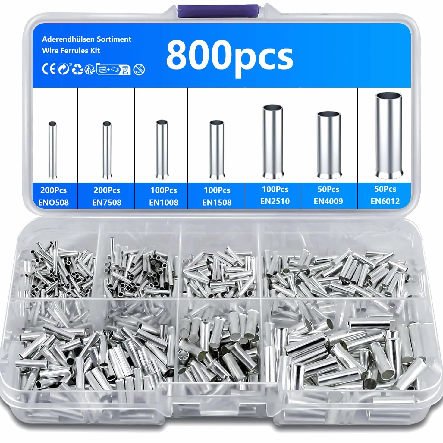 Zestaw 800 sztuk tulejek kablowych, nieizolowanych, tulejek kablowych, 10-22 AWG, tulejki zaciskowe, tulejki kablowe do projektów elektrycznych DIY, 0,5/0,75/1/1,5/2,5/4,0/6,0 mm²