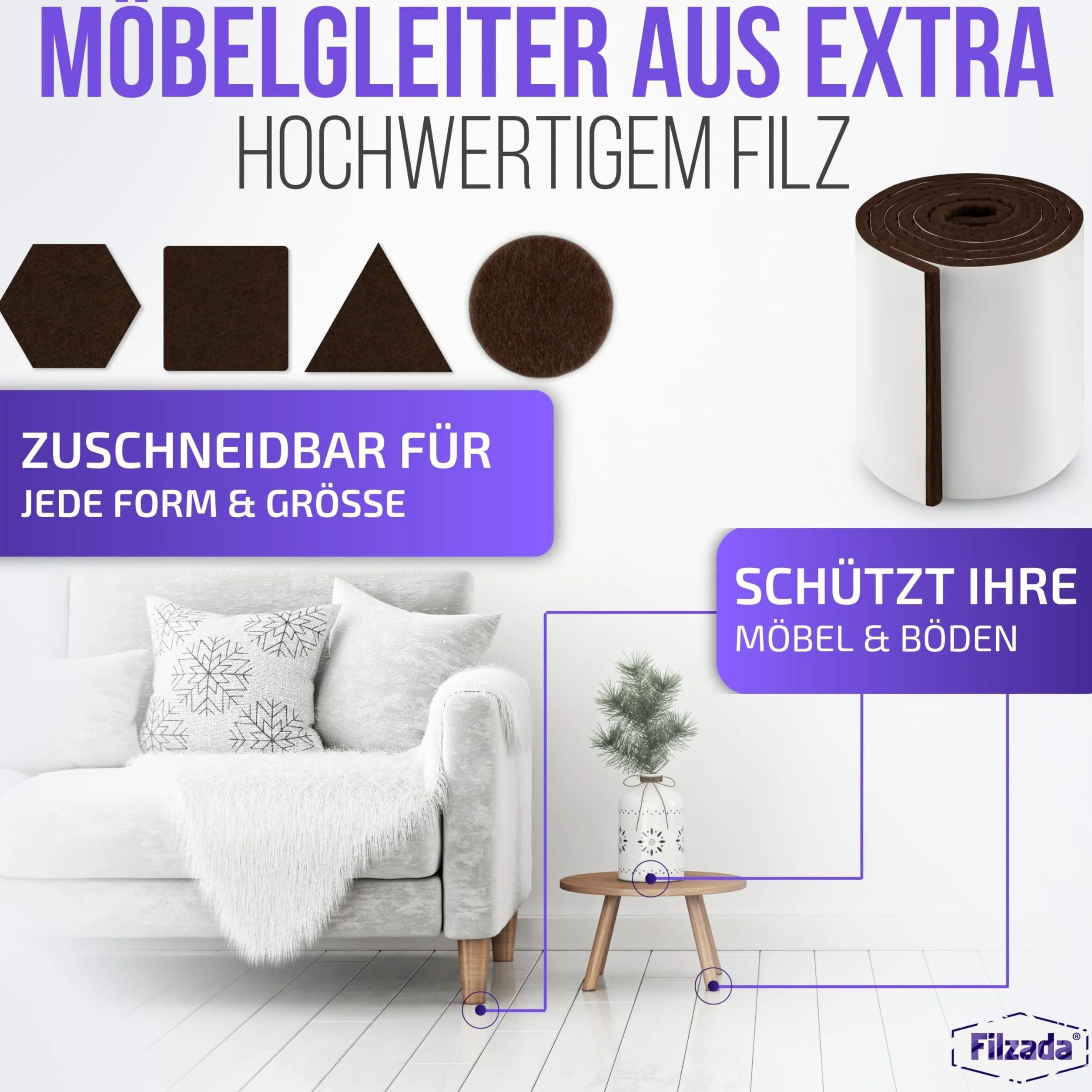 Filzada 2x Filcowe podkładki samoprzylepne Rolka 100 x 10 cm Brązowy