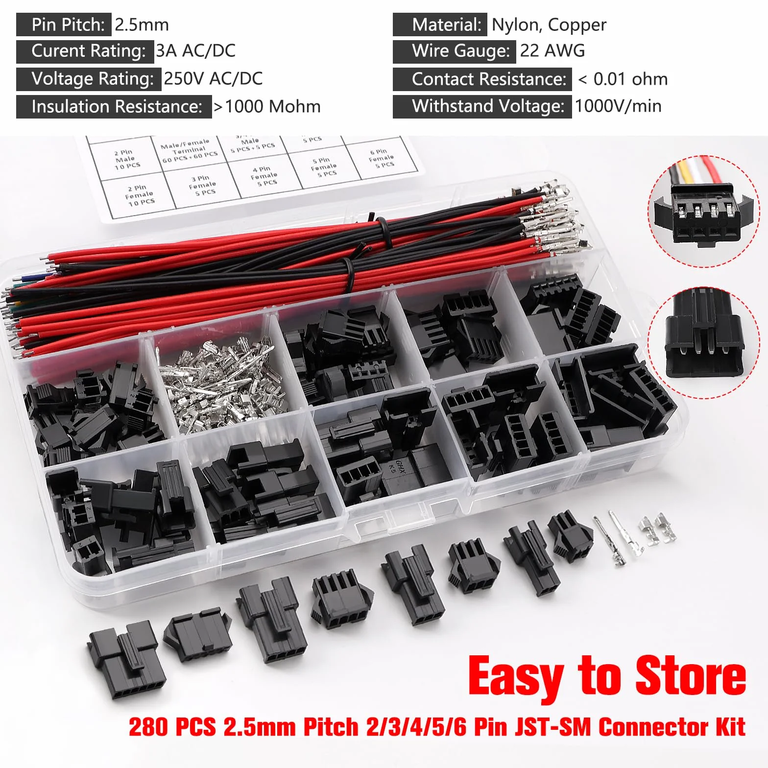 YIXISI 280 Sztuk 2.5mm Rastrze 2/3/4/5/6-Pinowych Zestaw Złączy JST-SM, Zestaw Złączy JST SM Żeńskich i Męskich, z Pojedyncza Głowica Przewodem Kablowym Wstępnie Zaciśniętym 22 AWG