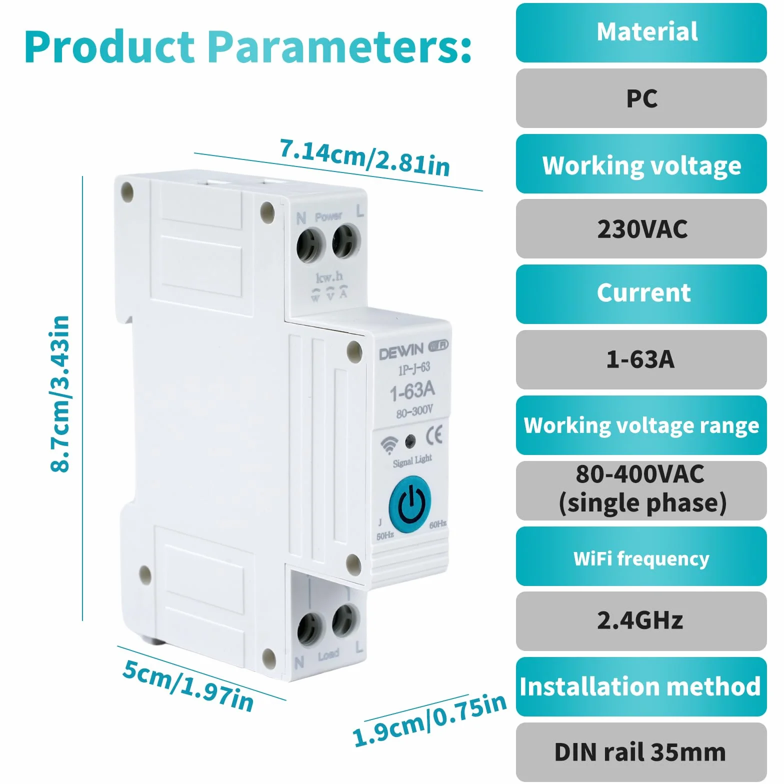 DEWIN Tuya WiFi inteligentny wyłącznik obwodu 1P 63A AC 220V z pomiarem mocy