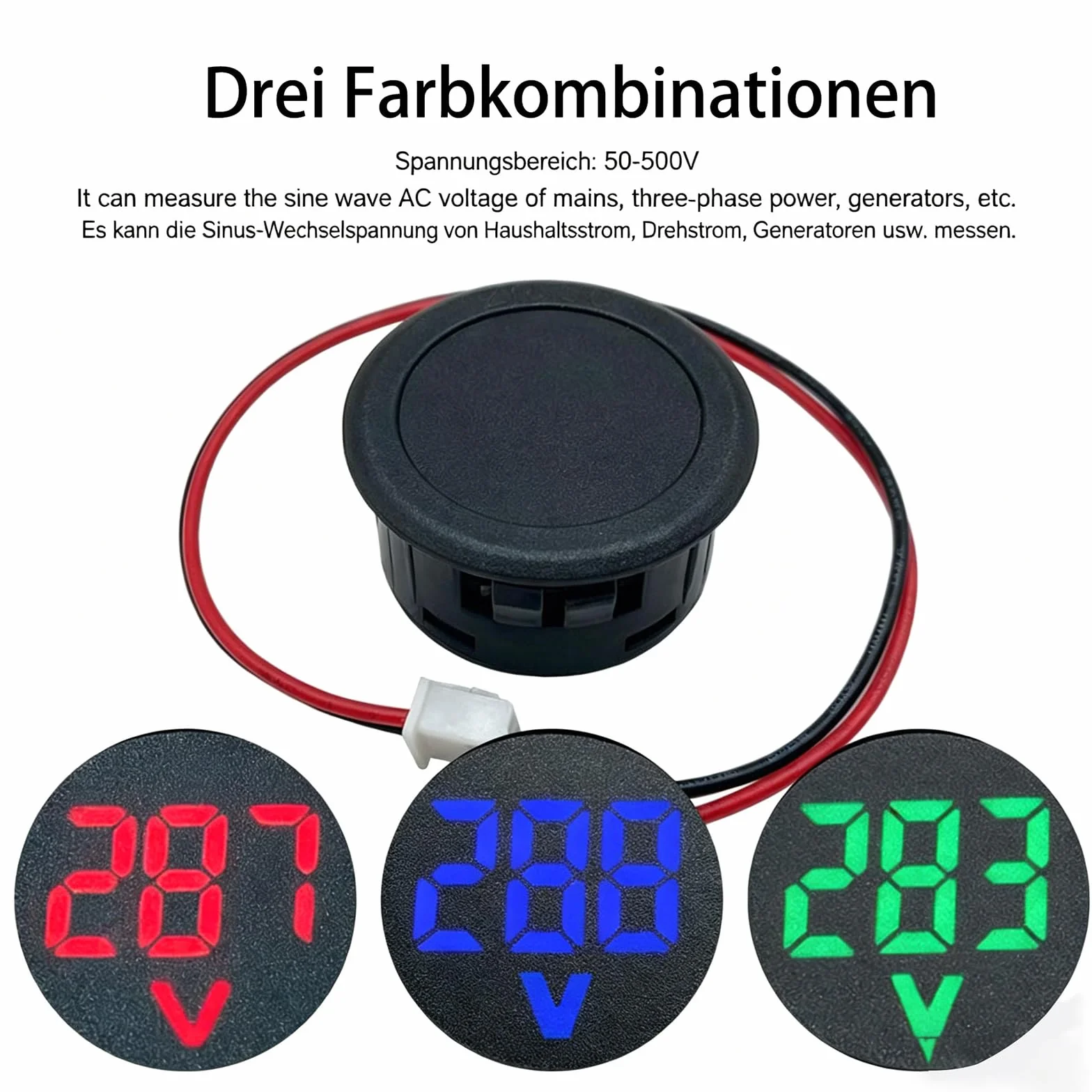 Cyfrowy woltomierz LED 4-100 V DC, okrągły miernik napięcia z wyświetlaczem LED, zestaw 3 szt. w kolorze czerwonym, niebieskim, zielonym