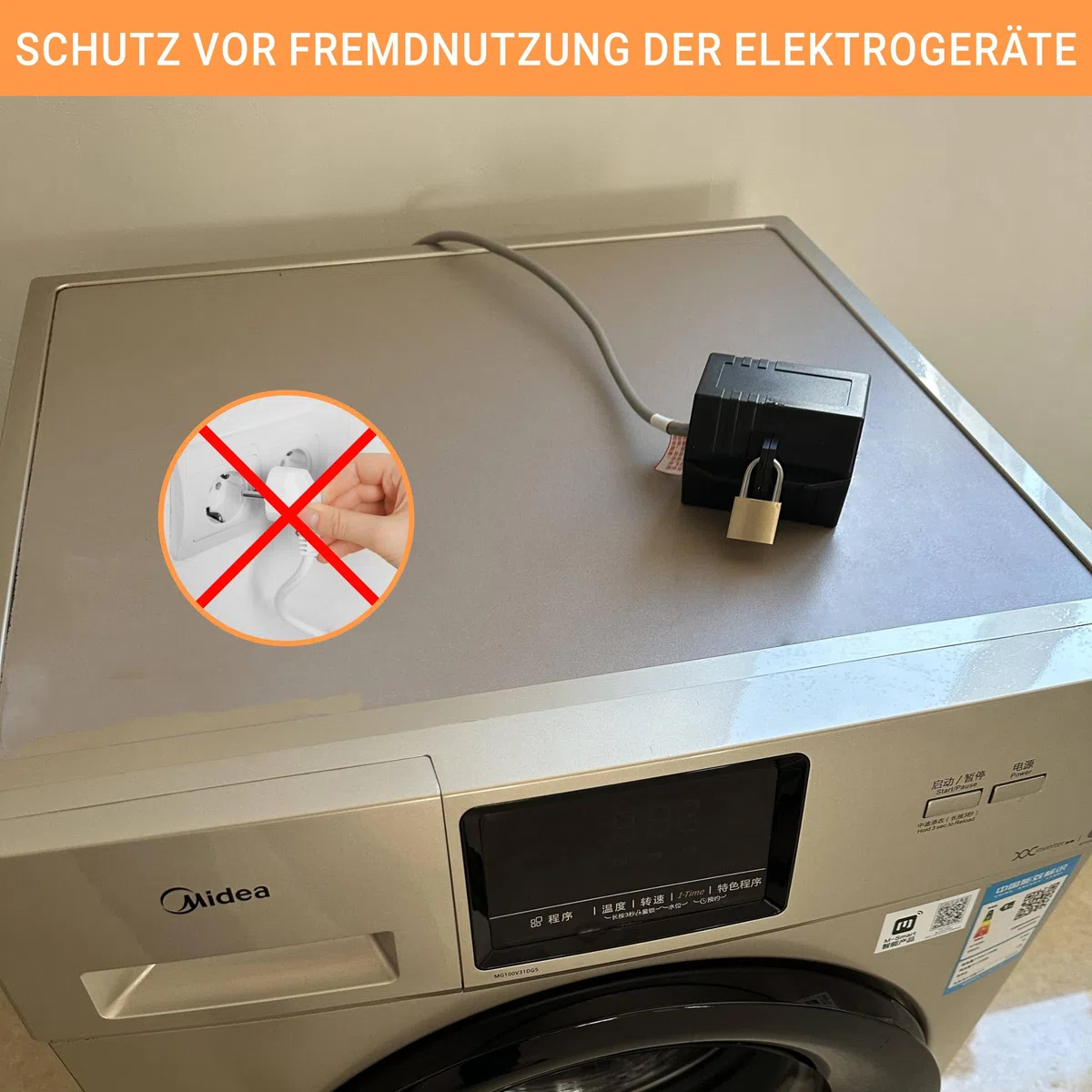 Vicera Gniazdo wtykowe – zamykane gniazdko z kłódką, sejf wtykowy z zamkiem, zamek wtykowy do wtyczki, idealne do pralki i kabla zasilającego, wtyczka sejf