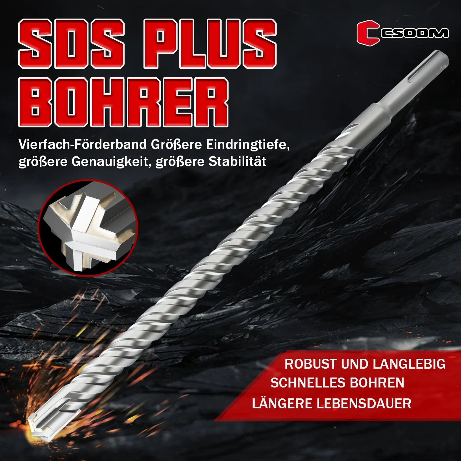 CSOOM SDS Plus wiertło 16 x 350 mm, profesjonalne wiertło do betonu, idealne do wiercenia w kamieniu, betonie, kamieniu naturalnym, murze ceglanej