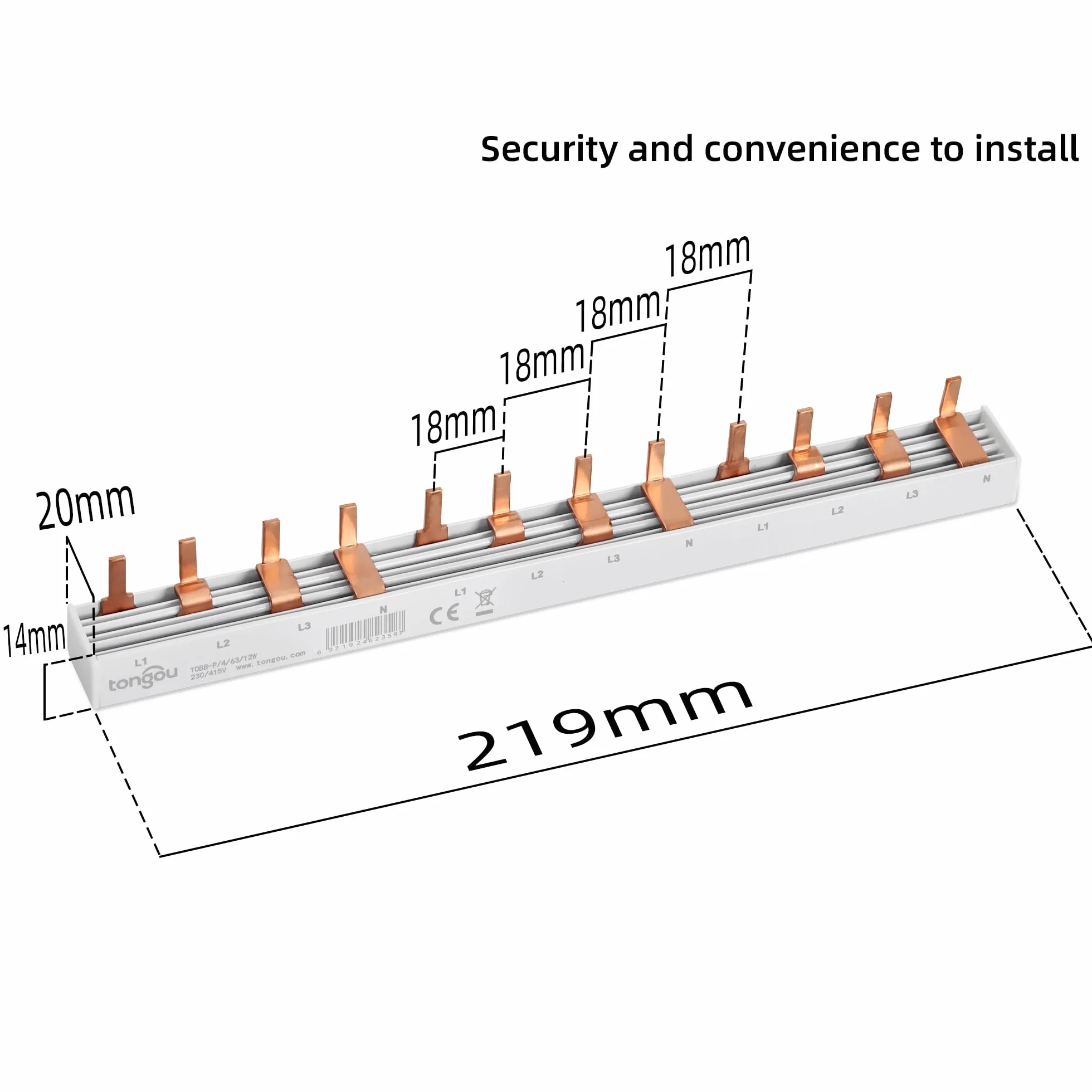 TONGOU Szyna fazowa 4-biegunowa, 12-rzędowa szyna zbiorcza maks. 63 A Busbar 230/415 V, nadaje się do domów mieszkalnych i komercyjnych, precyzja, kompaktowość