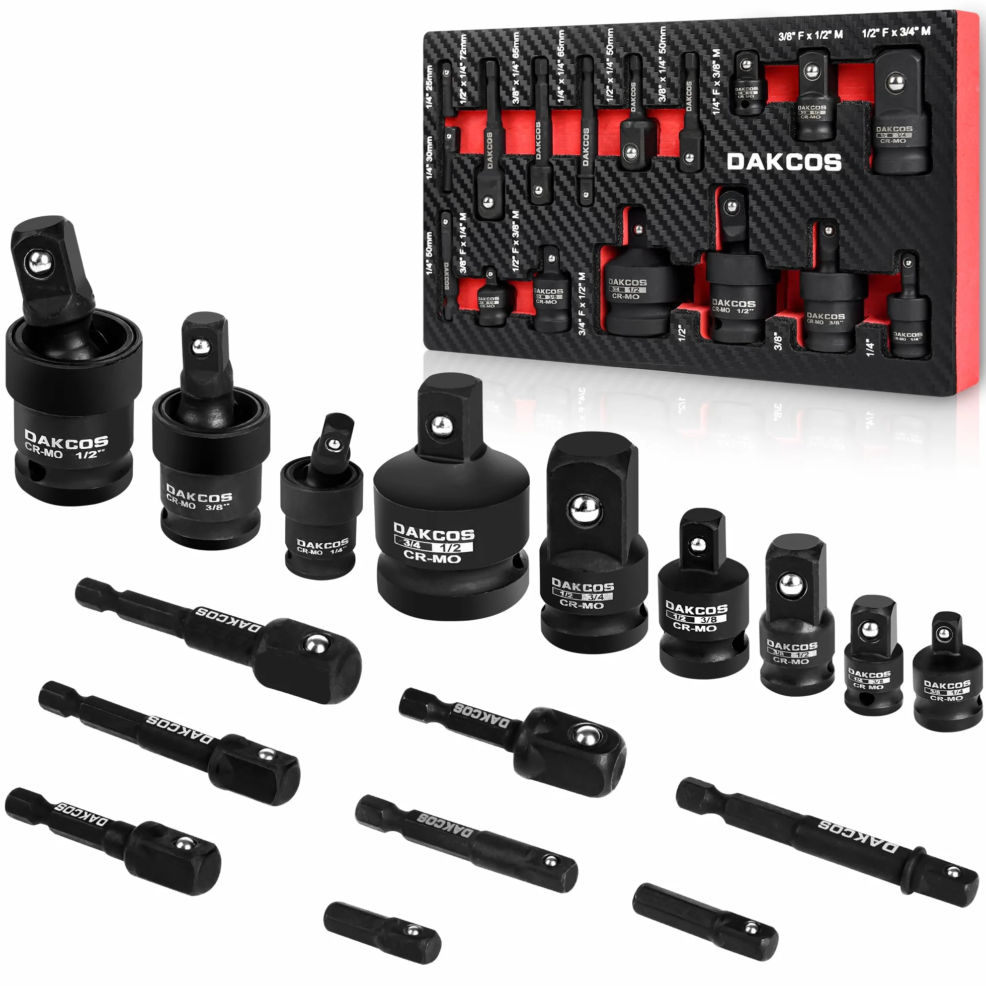 DAKCOS Zestaw adapterów nasadowych 17 szt., zestaw przedłużający wiertło do wiertarki do nakrętek o wysokiej prędkości 1/4"-3/8"-3/4"-1/2", CR-MO