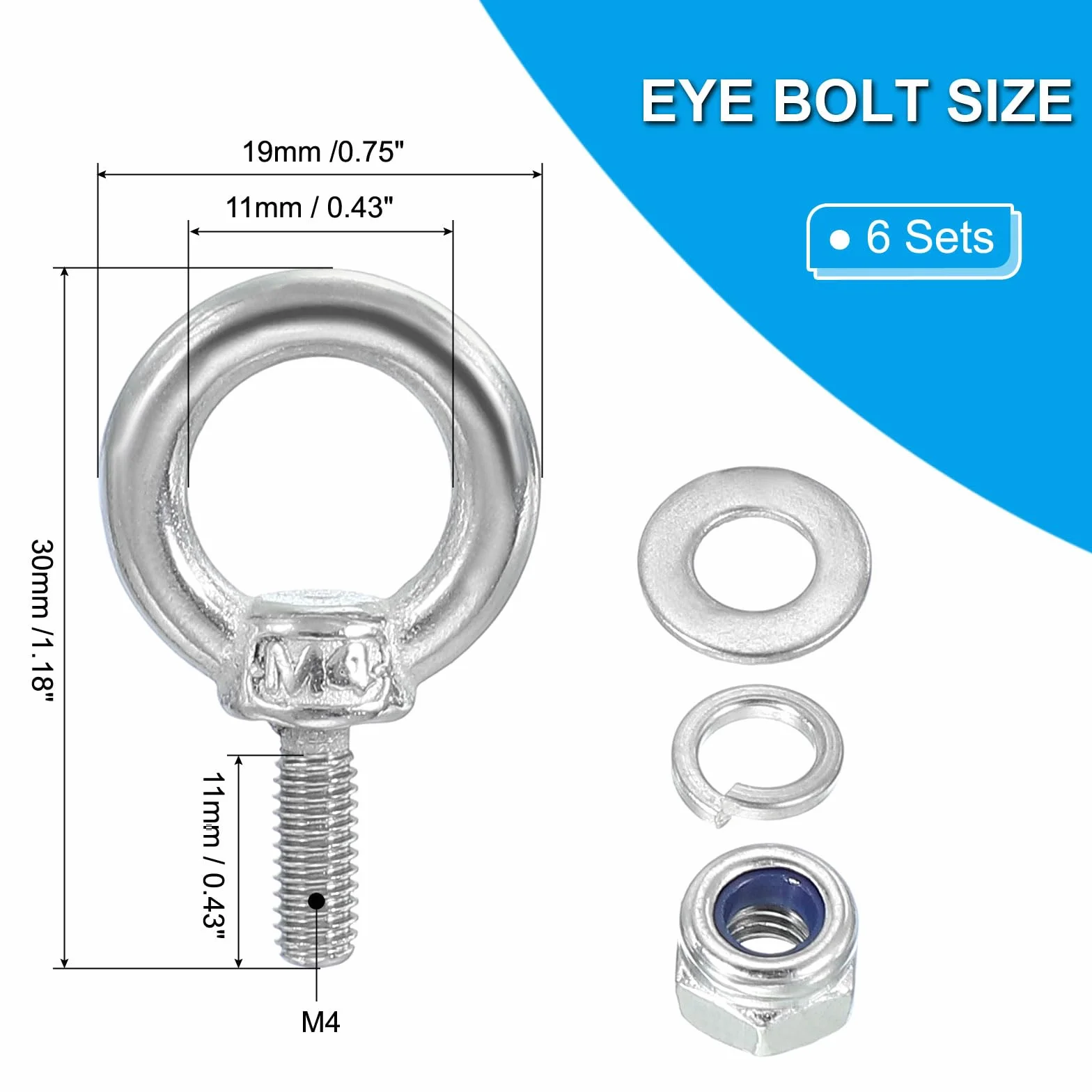 PATIKIL Śruba oczkowa M4 x 11 mm z nakrętką, 6 sztuk w opakowaniu 304, stal nierdzewna 304, bolce oczkowe, śruby gwintowane do zawieszenia, kolor srebrny
