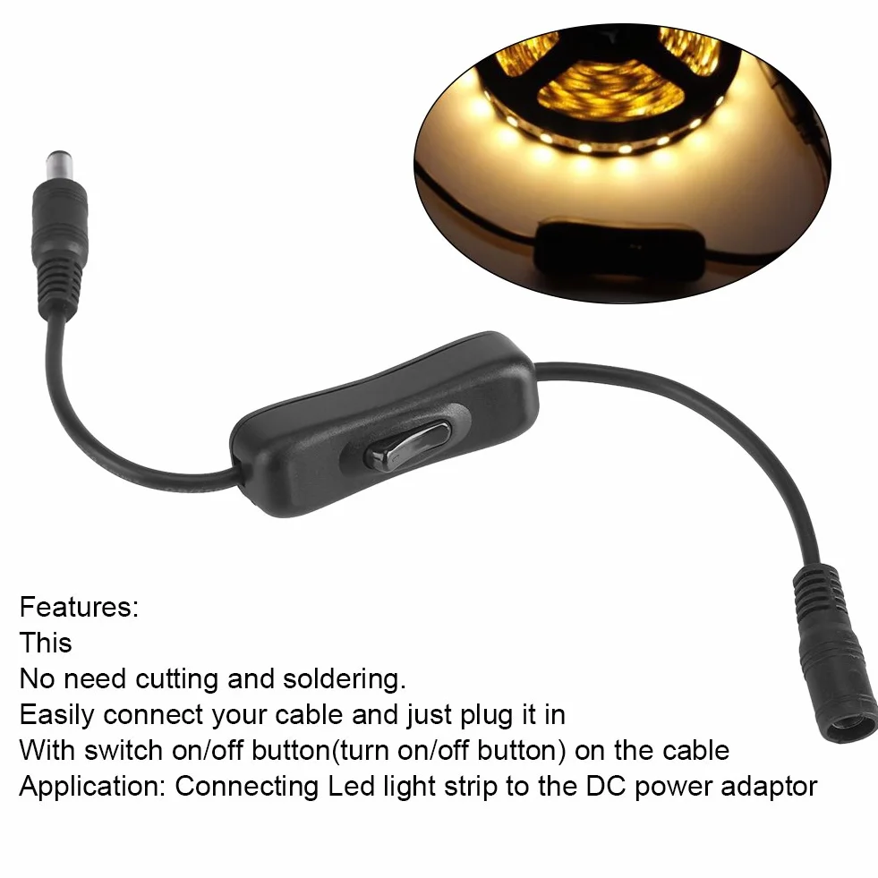 Przełącznik liniowy Dc 12 V, 5 szt. Włącznika/wyłącznika taśmy LED Włącznik/wyłącznik Dc Jack (5,5 x 2,1 mm) z kablem Złącza męskie na żeńskie do taśmy LED, Złącza zasilacza prądu stałego